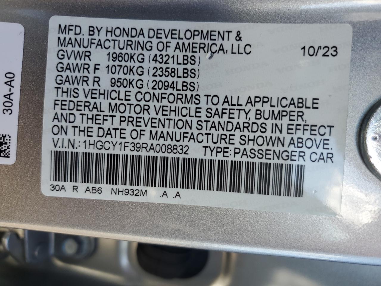 2024 HONDA ACCORD EX VIN:1HGCY1F39RA008832