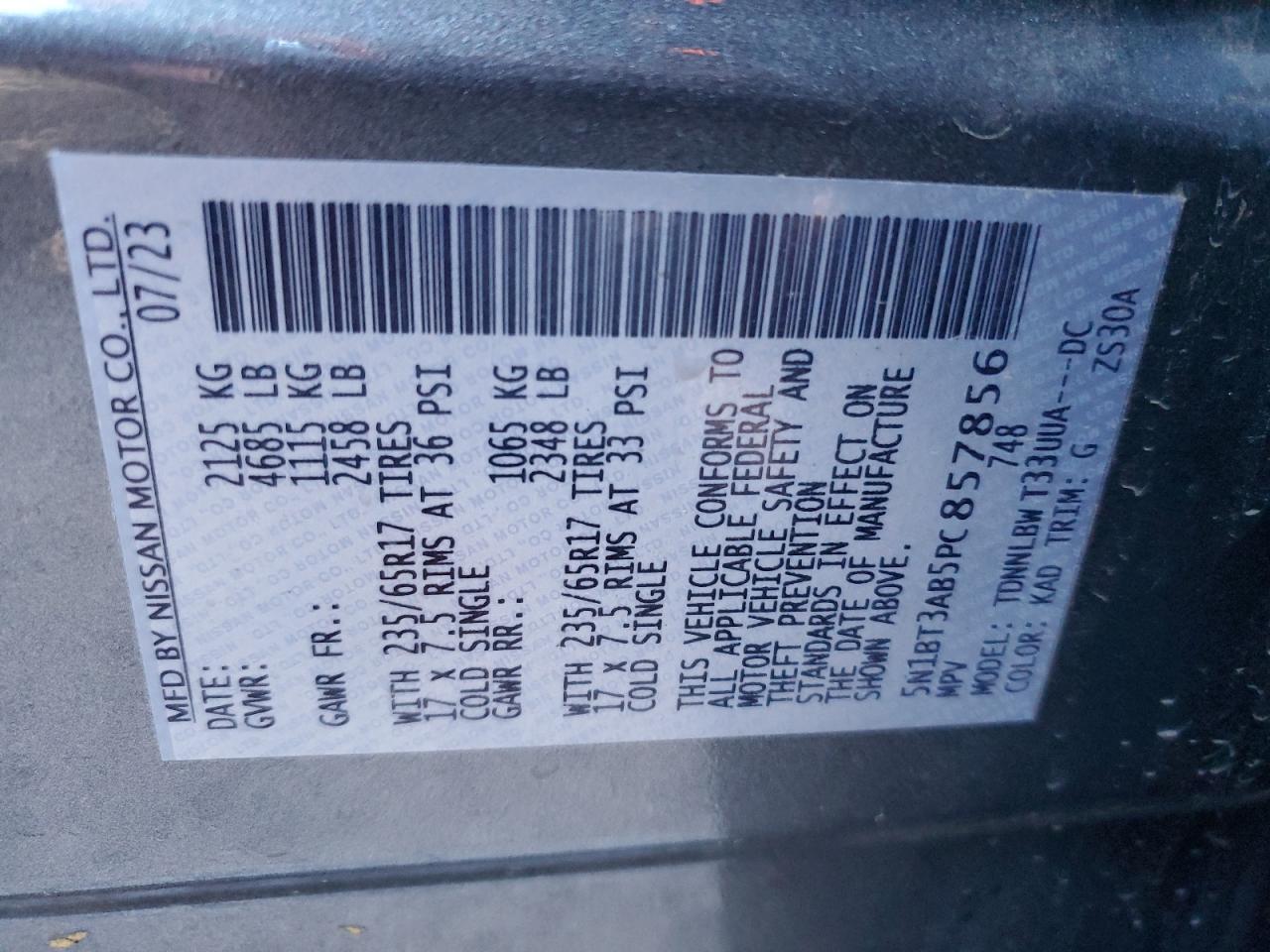2023 NISSAN ROGUE S VIN:5N1BT3AB5PC857856