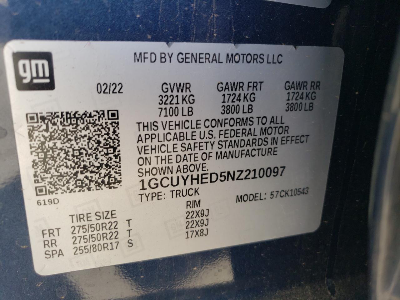 2022 CHEVROLET SILVERADO LTD K1500 HIGH COUNTRY VIN:1GCUYHED5NZ210097