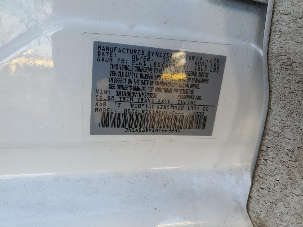 2022 NISSAN SENTRA SR VIN:3N1AB8DV1NY283236