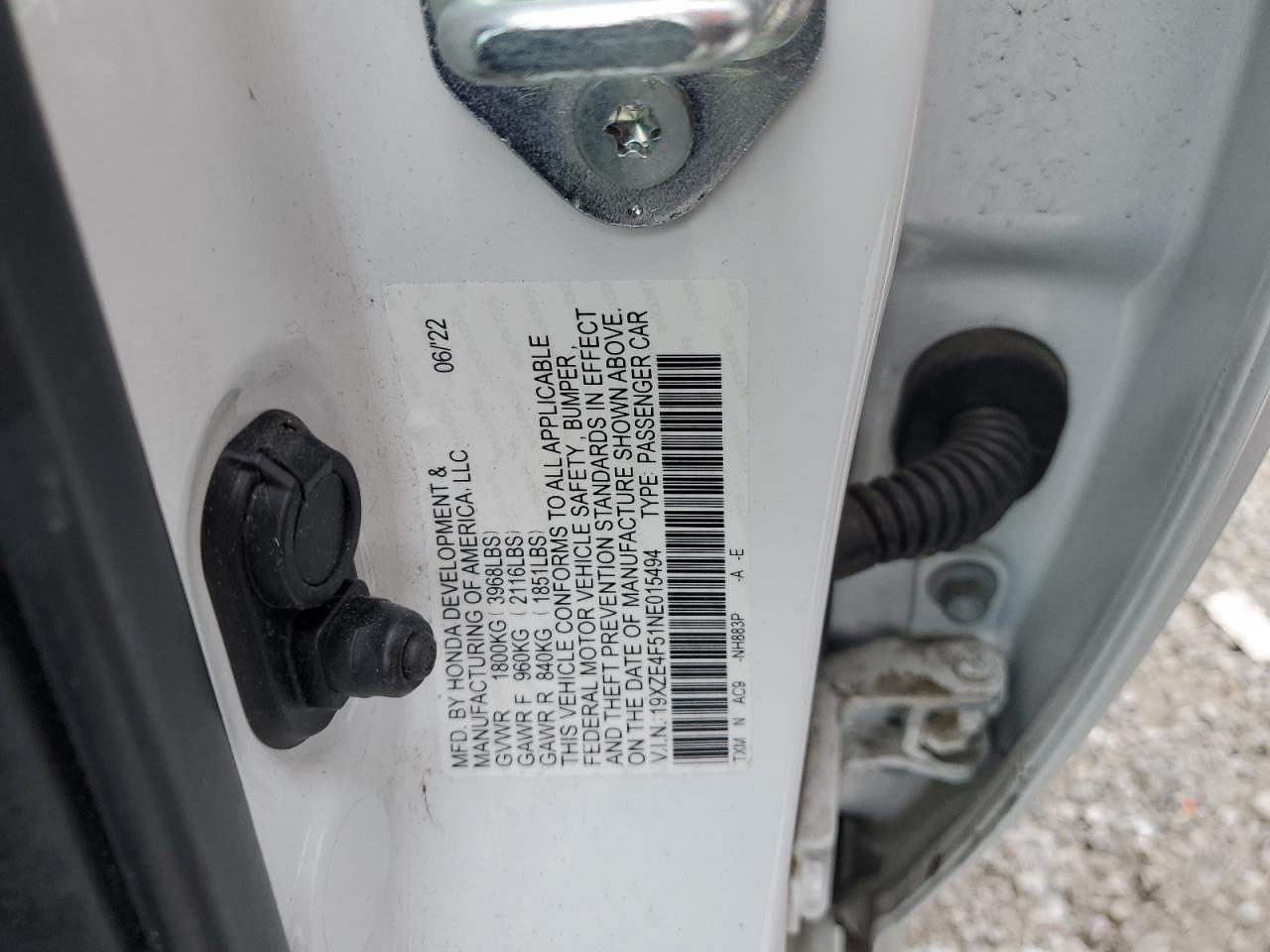 2022 HONDA INSIGHT EX VIN:19XZE4F51NE015494