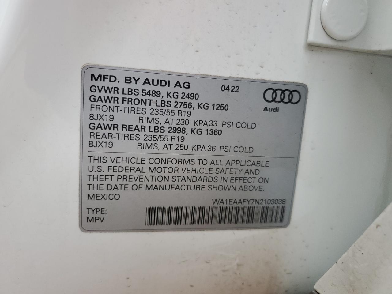 2022 AUDI Q5 PREMIUM PLUS 45 VIN:WA1EAAFY7N2103038