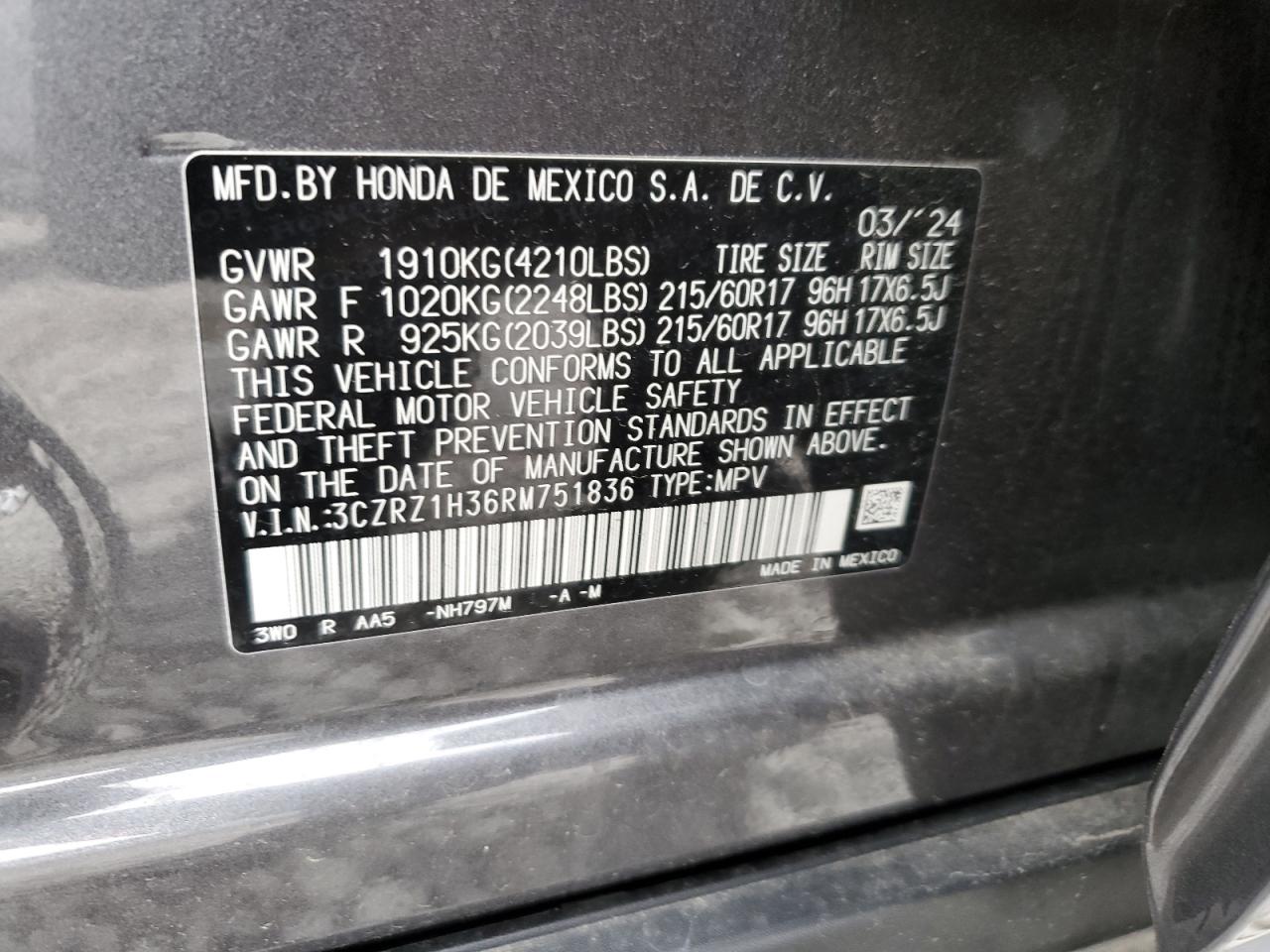2024 HONDA HR-V LX VIN:3CZRZ1H36RM751836