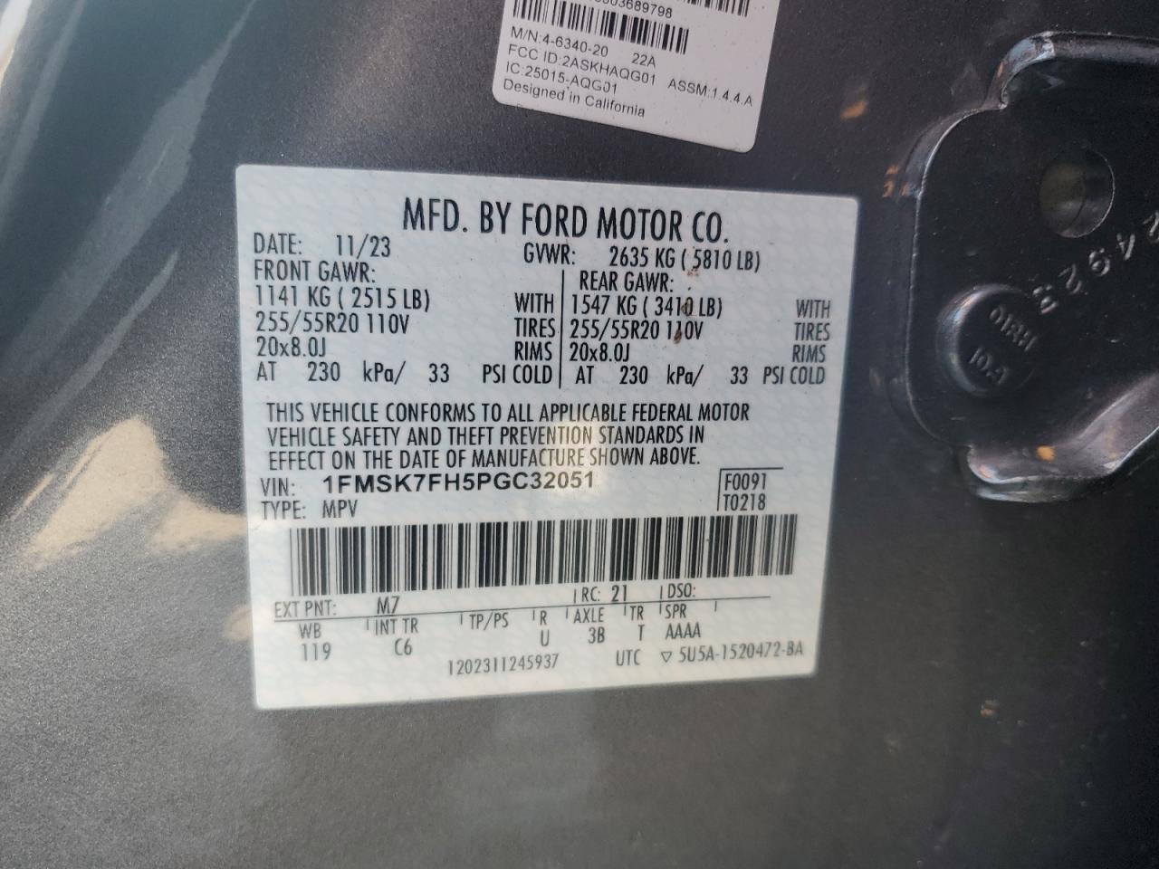 2023 FORD EXPLORER LIMITED VIN:1FMSK7FH5PGC32051