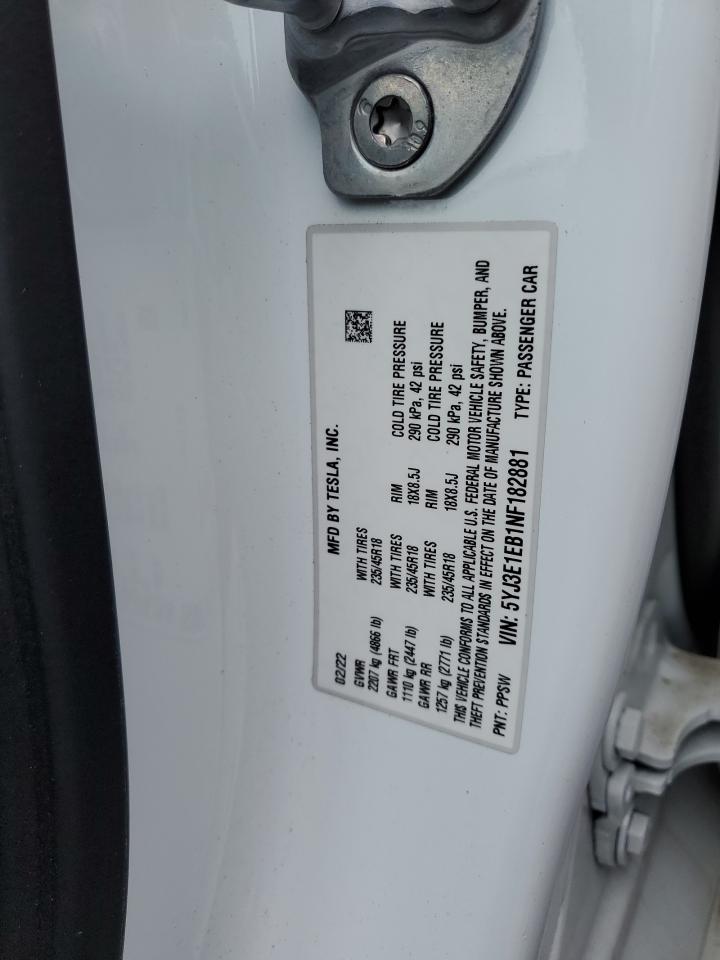2022 TESLA MODEL 3 VIN:5YJ3E1EB1NF182881