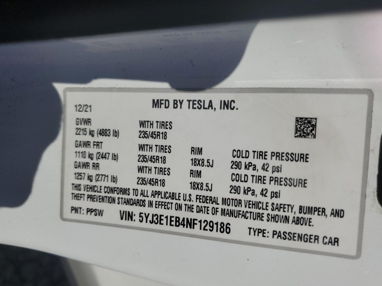 2022 TESLA MODEL 3 VIN:5YJ3E1EB4NF129186