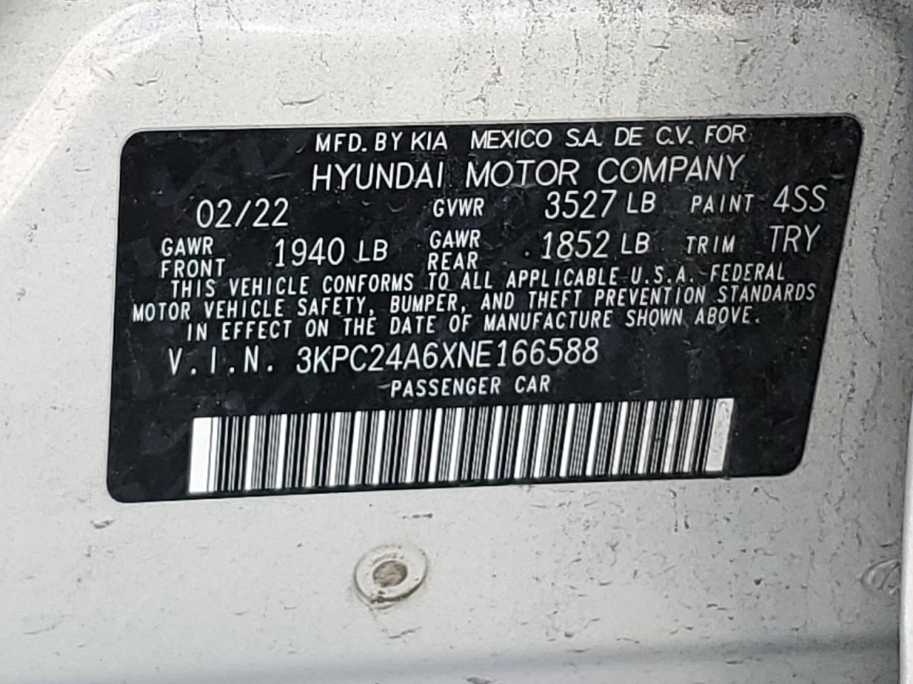 2022 HYUNDAI ACCENT SE VIN:3KPC24A6XNE166588
