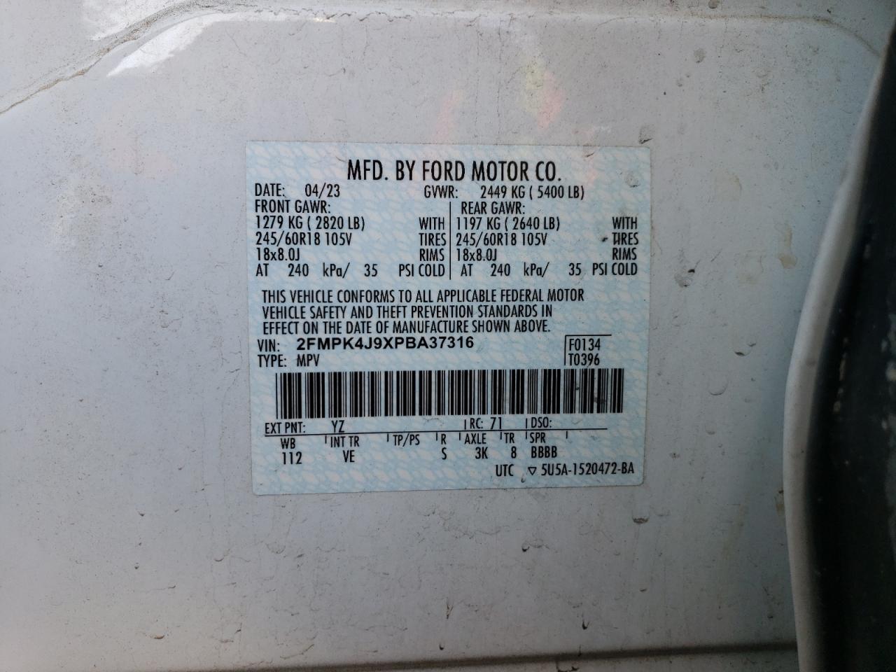 2023 FORD EDGE SEL VIN:2FMPK4J9XPBA37316