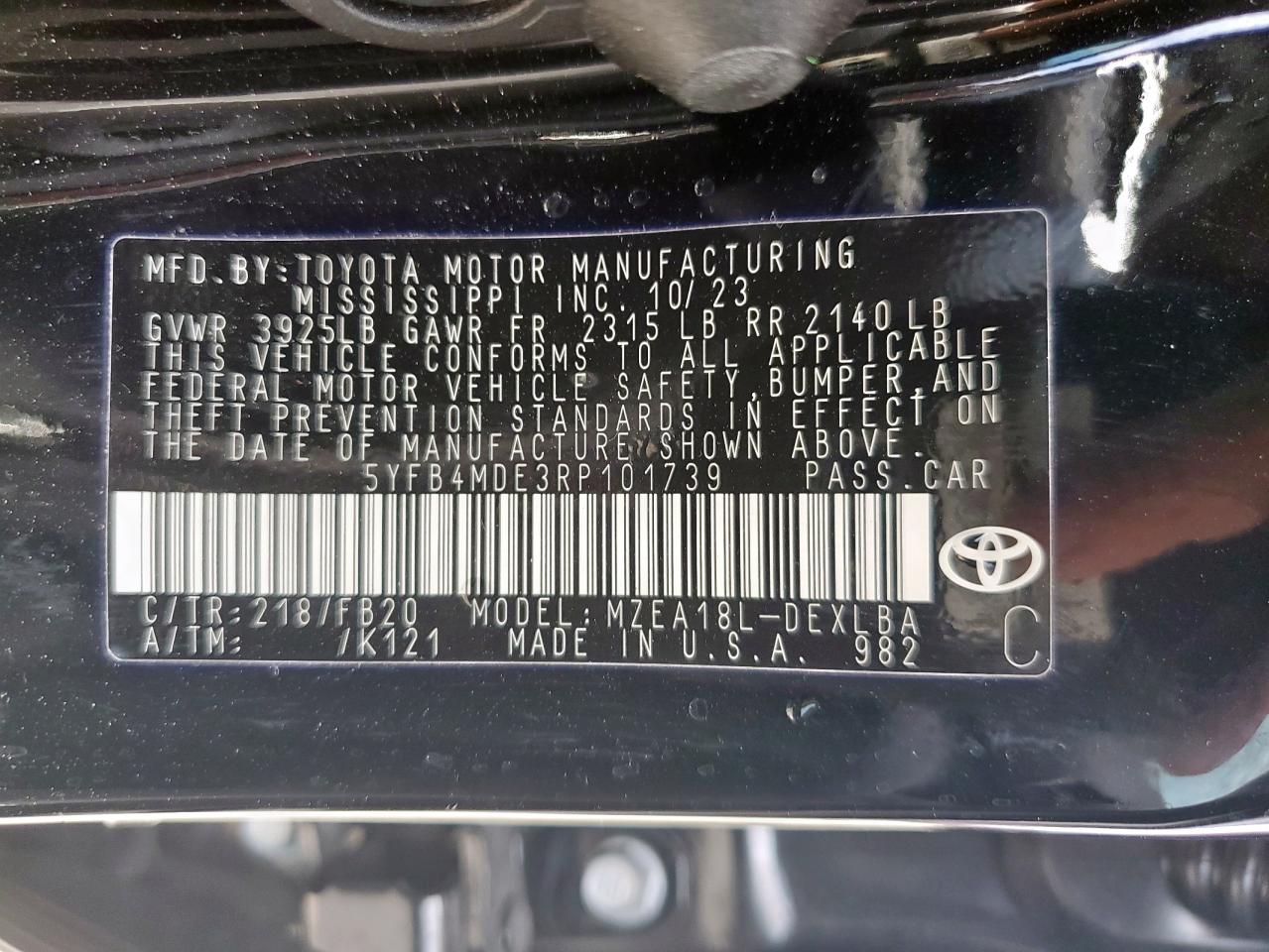 2024 TOYOTA COROLLA LE VIN:5YFB4MDE3RP101739