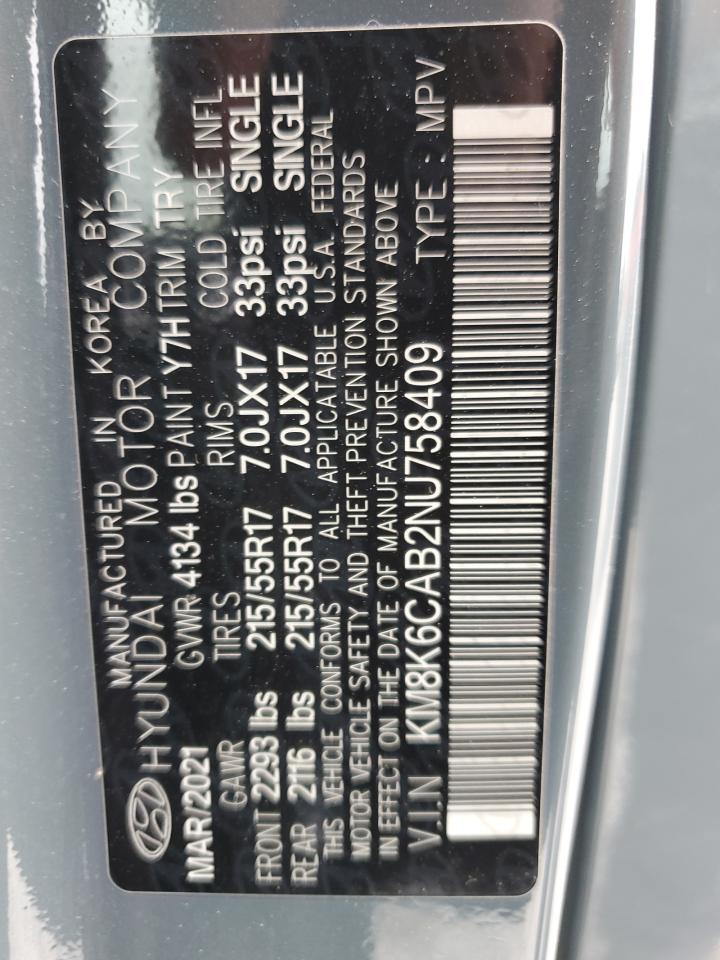 2022 HYUNDAI KONA SEL VIN:KM8K6CAB2NU758409