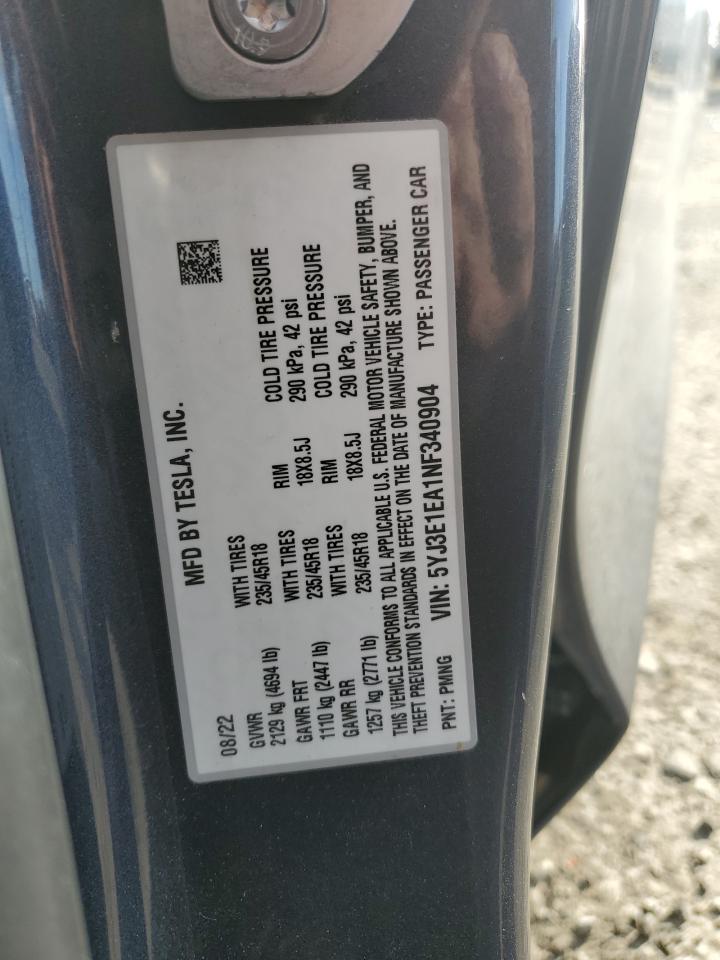 2022 TESLA MODEL 3 VIN:5YJ3E1EA1NF340904