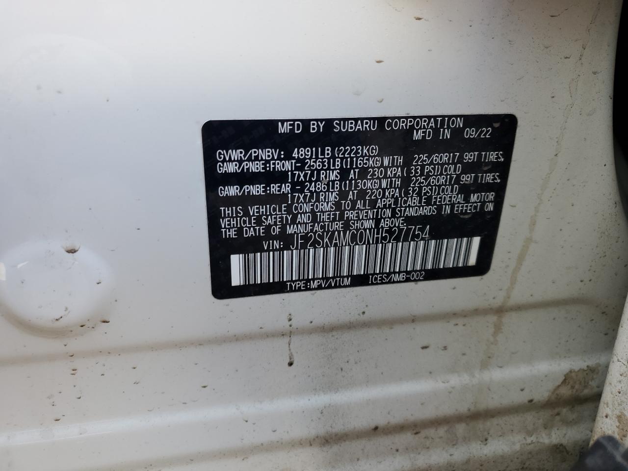 2022 SUBARU FORESTER WILDERNESS VIN:JF2SKAMC0NH527754