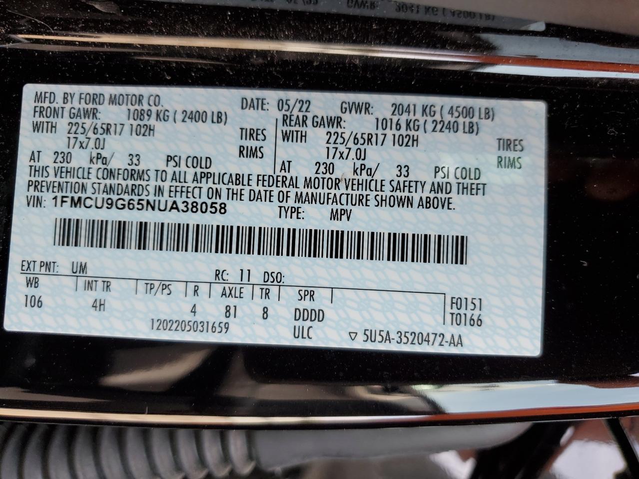 2022 FORD ESCAPE SE VIN:1FMCU9G65NUA38058