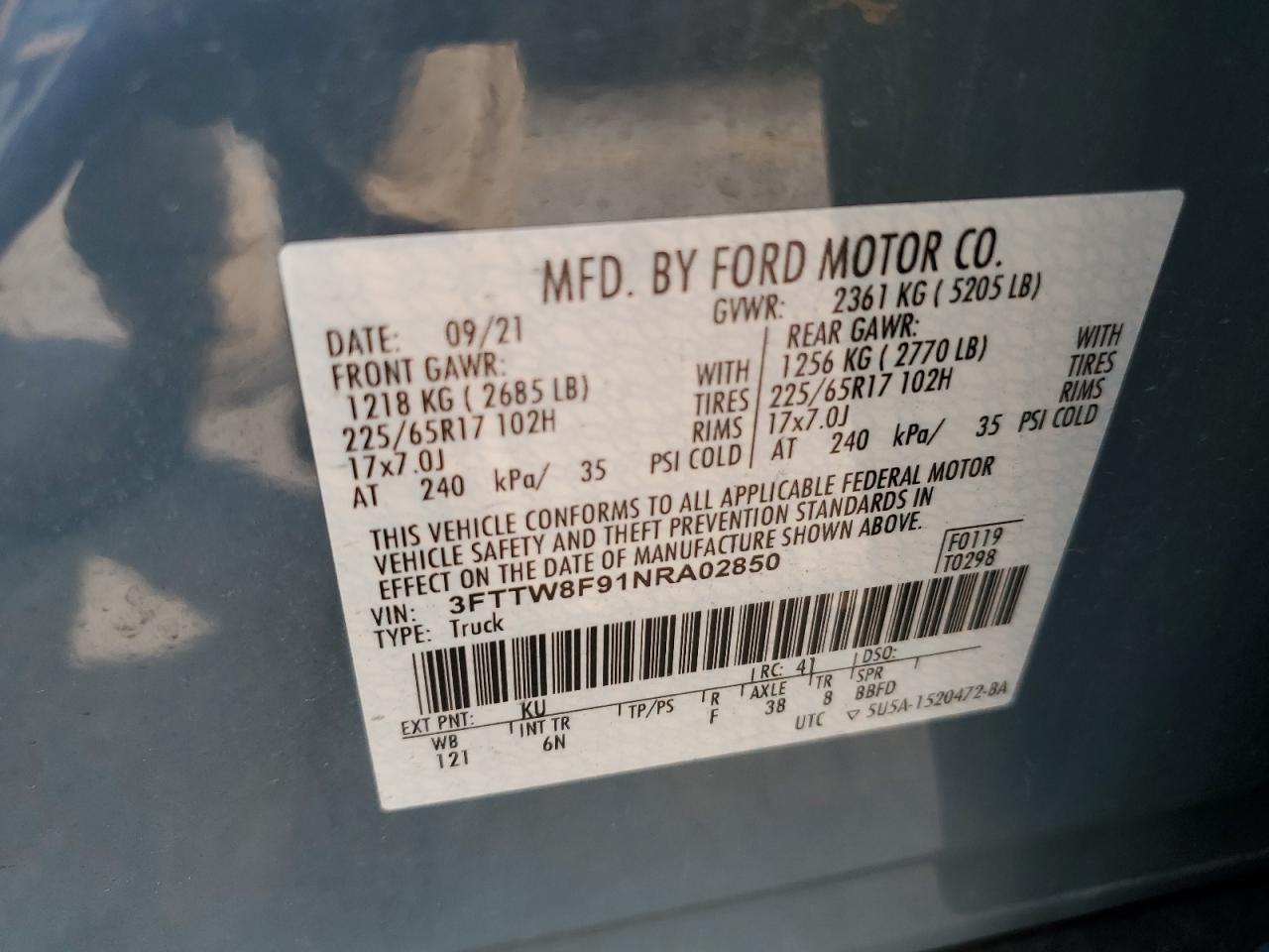 2022 FORD MAVERICK XL VIN:3FTTW8F91NRA02850