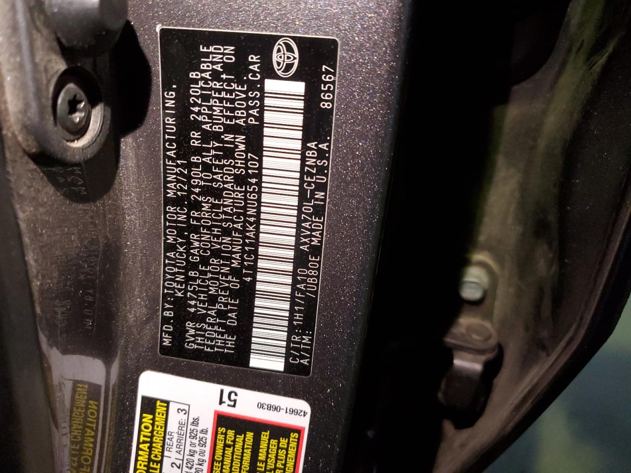 2022 TOYOTA CAMRY LE VIN:4T1C11AK4NU654107