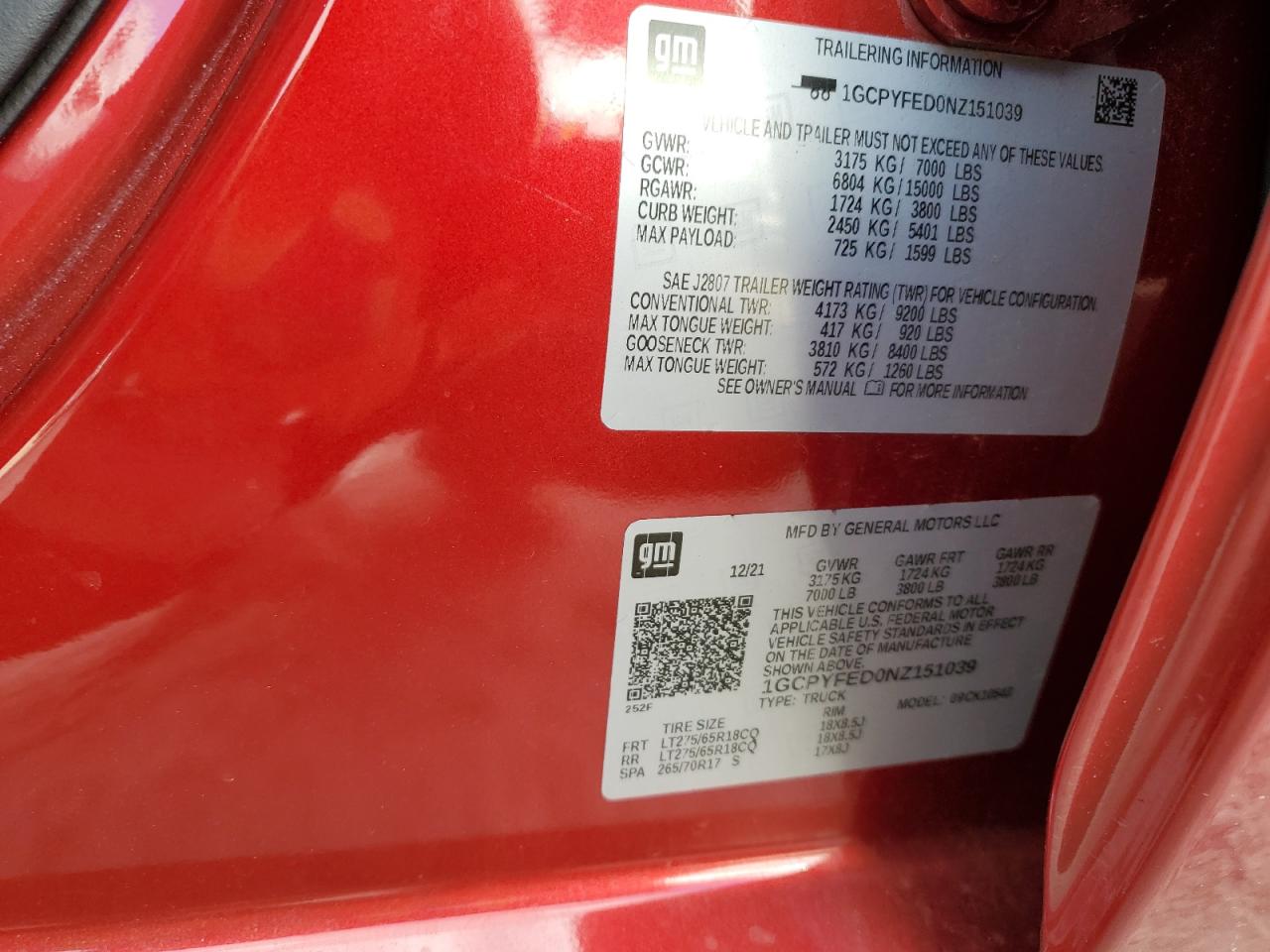 2022 CHEVROLET SILVERADO LTD K1500 LT TRAIL BOSS VIN:1GCPYFED0NZ151039