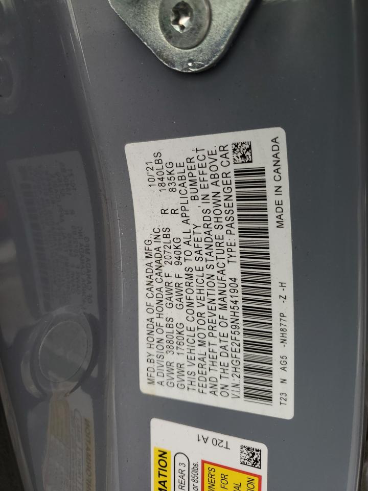 2022 HONDA CIVIC SPORT VIN:2HGFE2F59NH541904