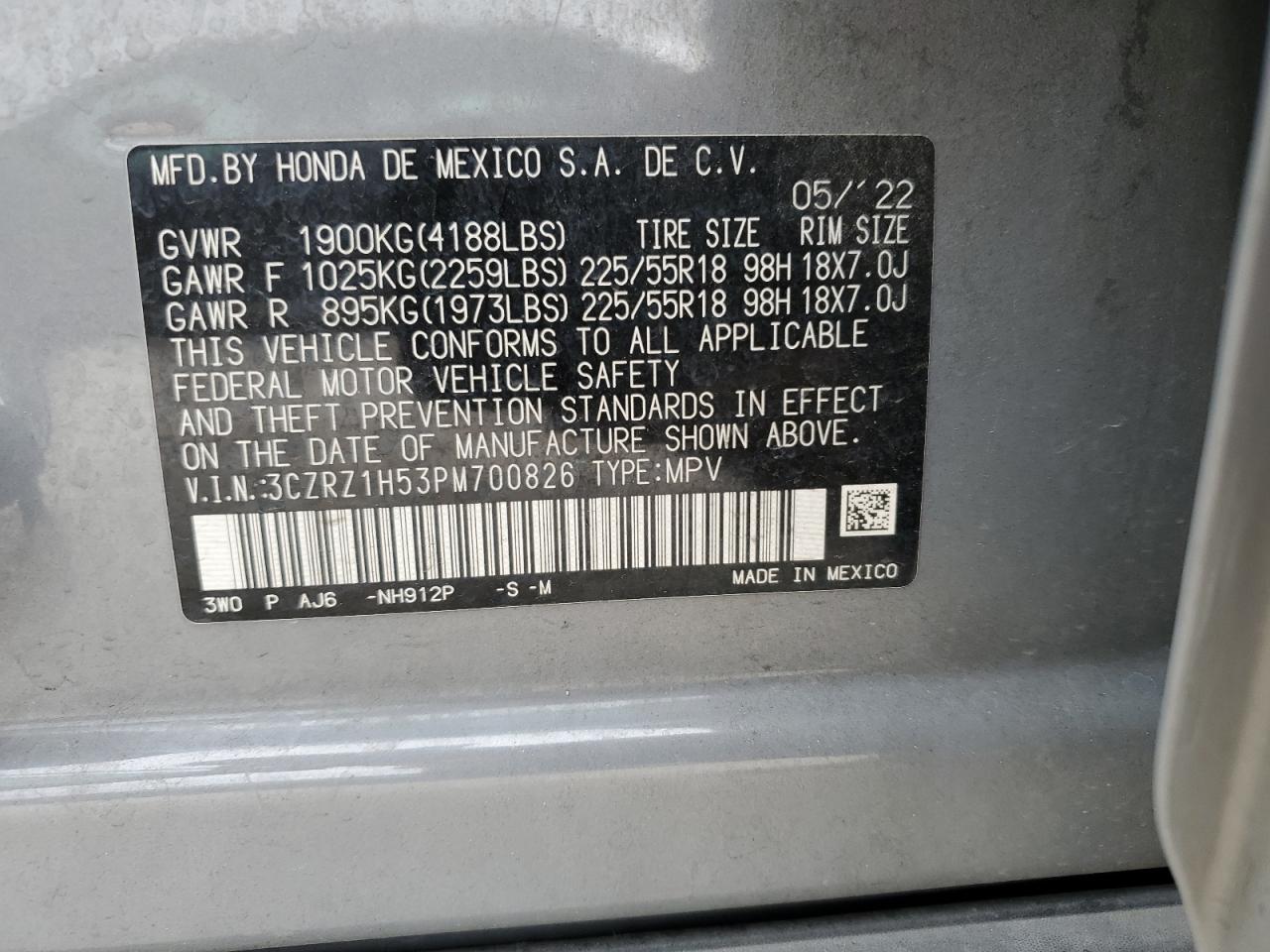 2023 HONDA HR-V SPORT VIN:3CZRZ1H53PM700826