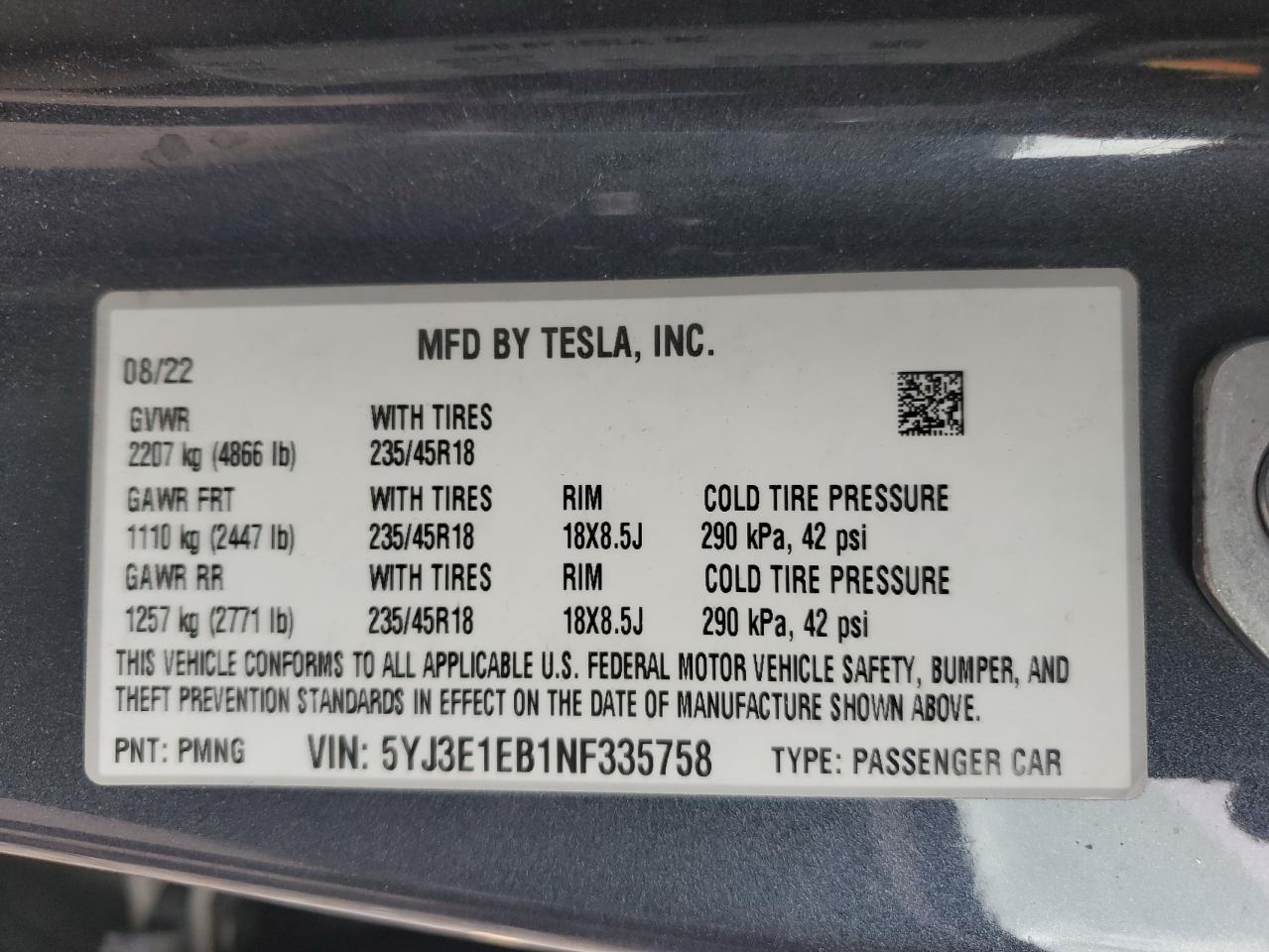 2022 TESLA MODEL 3 VIN:5YJ3E1EB1NF335758