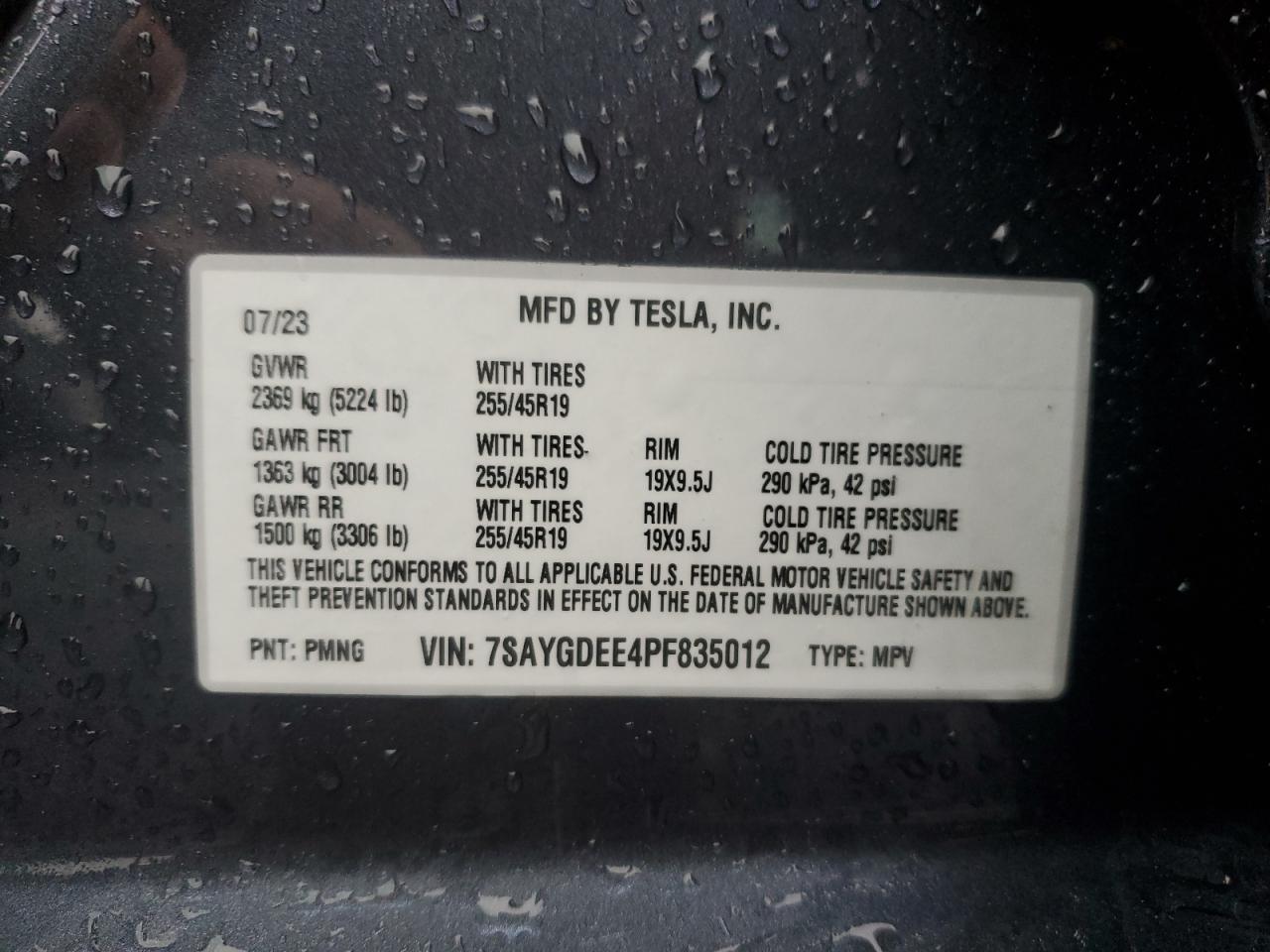 2023 TESLA MODEL Y VIN:7SAYGDEE4PF835012