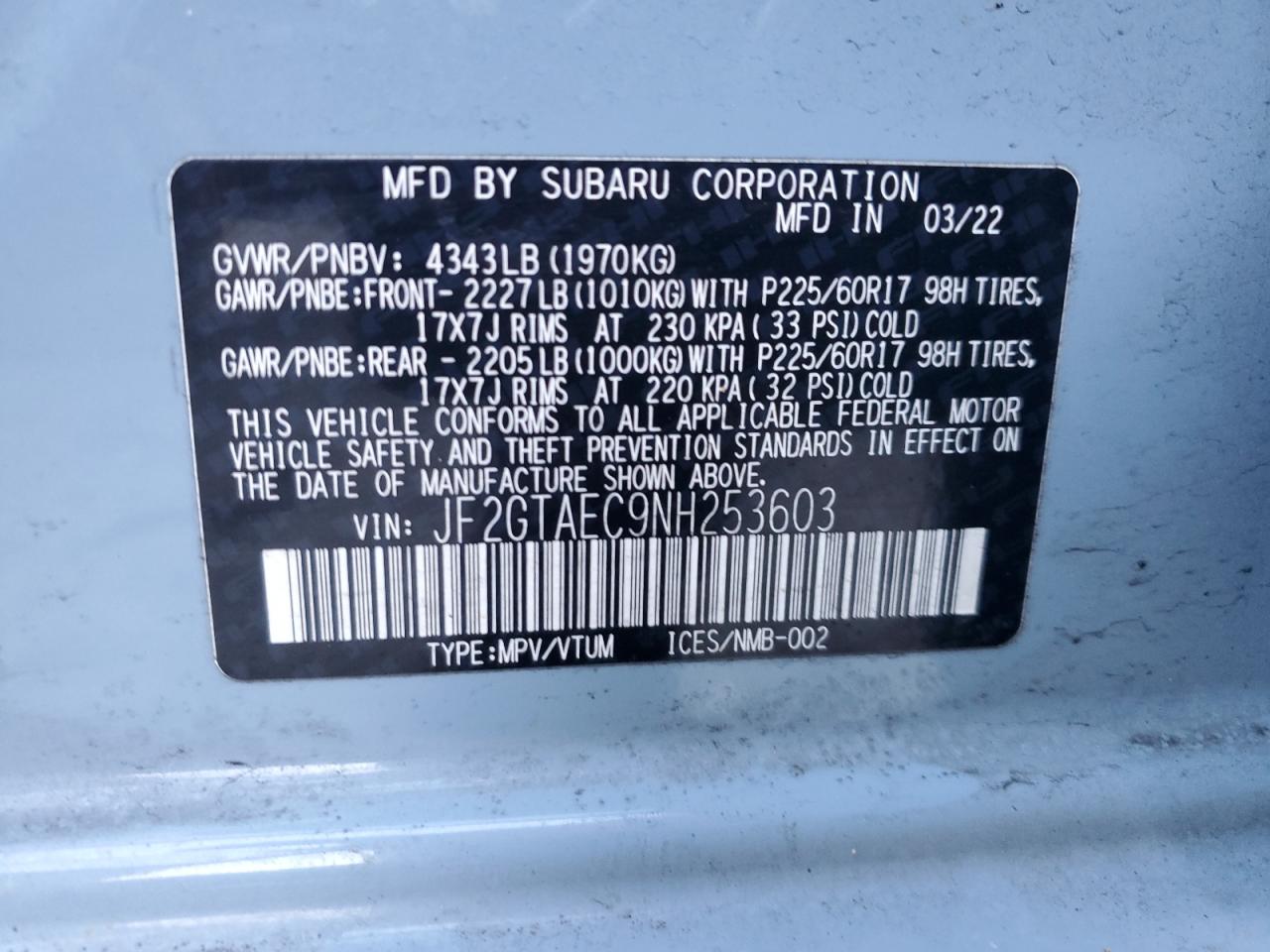 2022 SUBARU CROSSTREK PREMIUM VIN:JF2GTAEC9NH253603