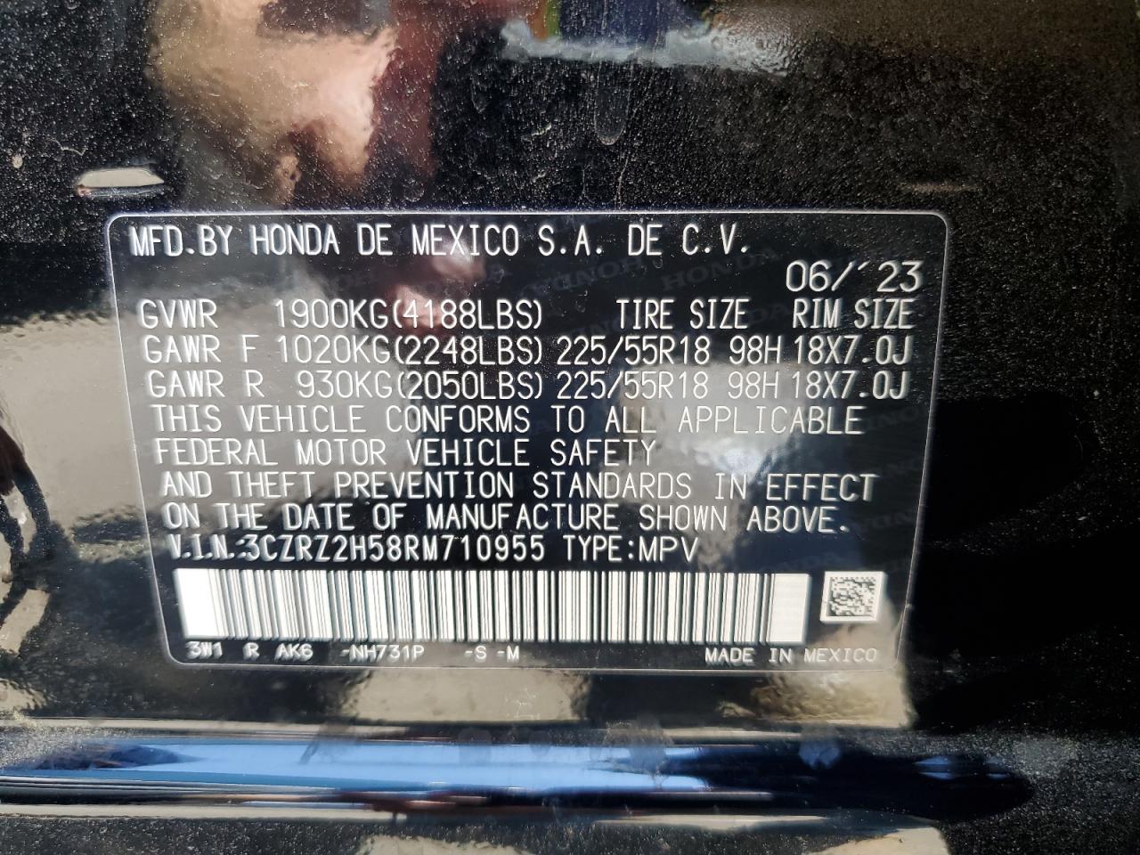 2024 HONDA HR-V SPORT VIN:3CZRZ2H58RM710955