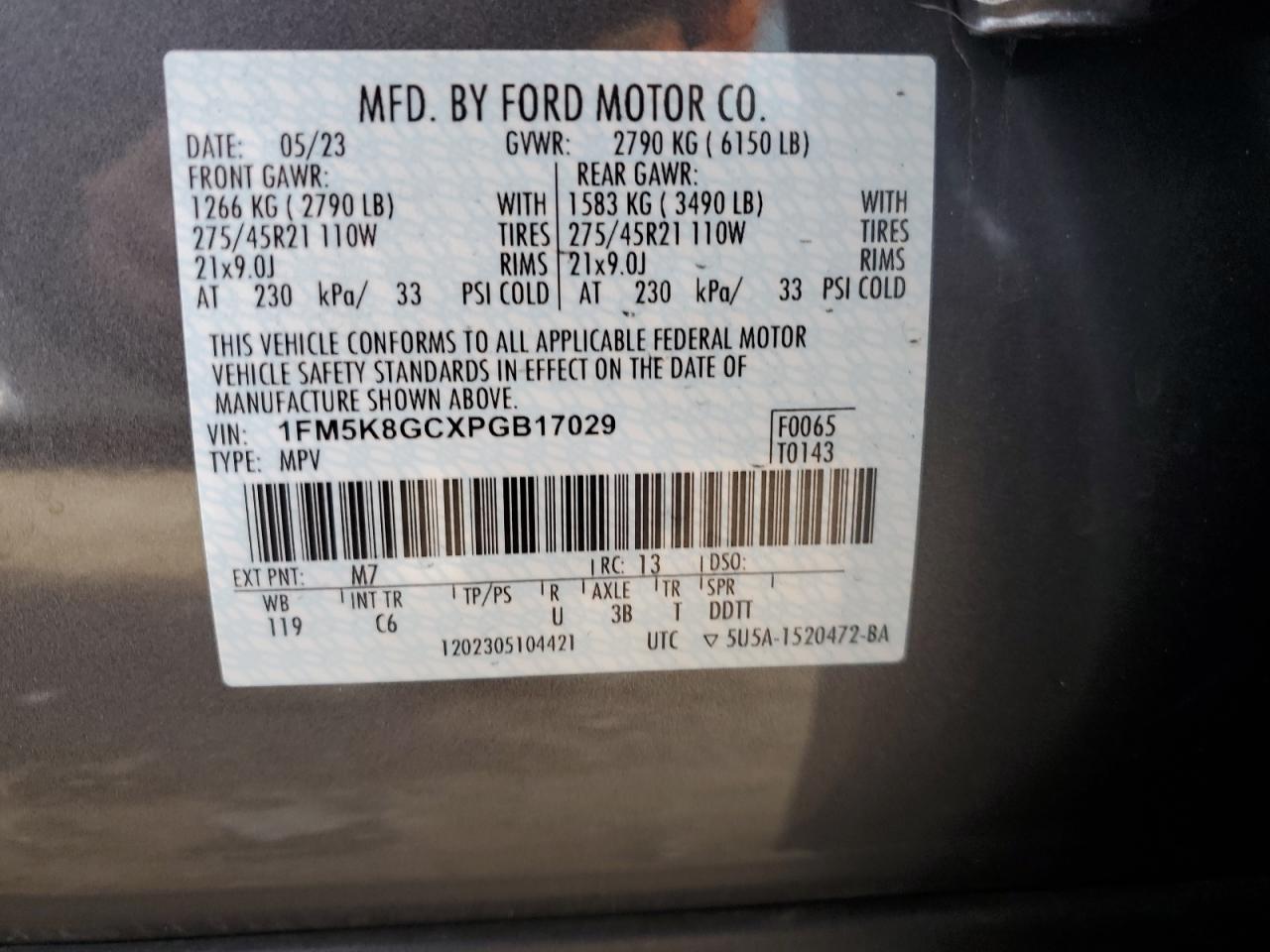 2023 FORD EXPLORER ST VIN:1FM5K8GCXPGB17029