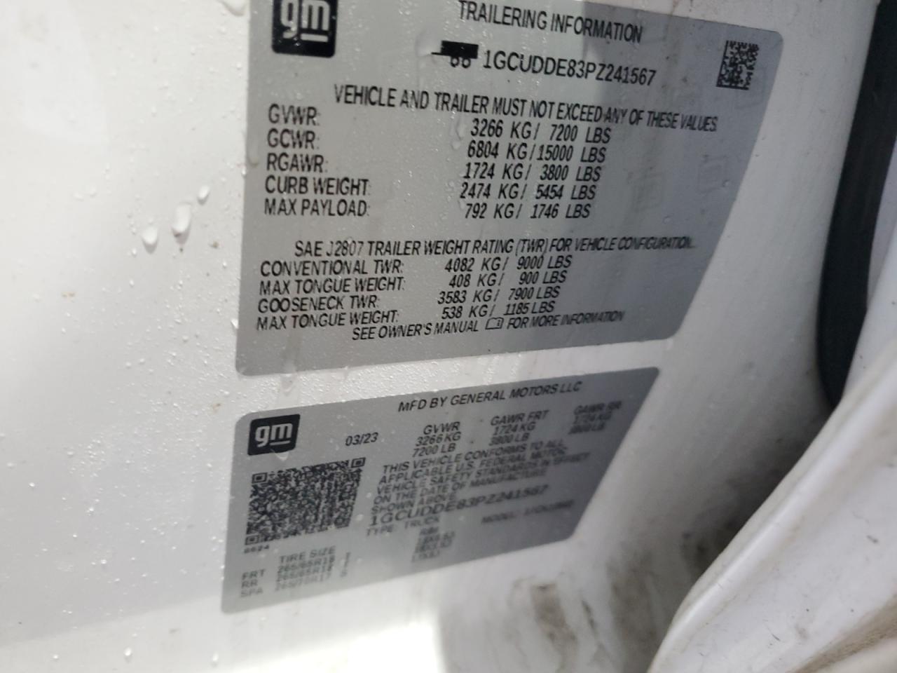 2023 CHEVROLET SILVERADO K1500 LT VIN:1GCUDDE83PZ241567