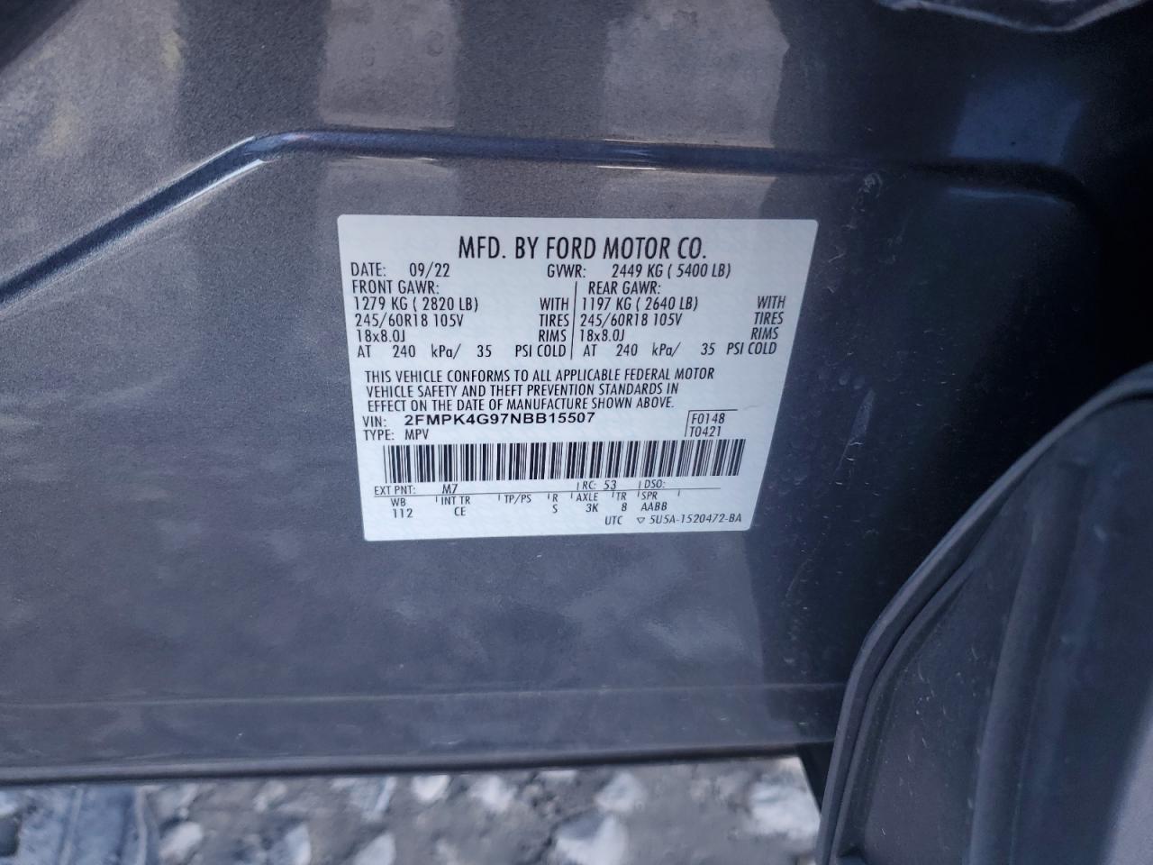 2022 FORD EDGE SE VIN:2FMPK4G97NBB15507