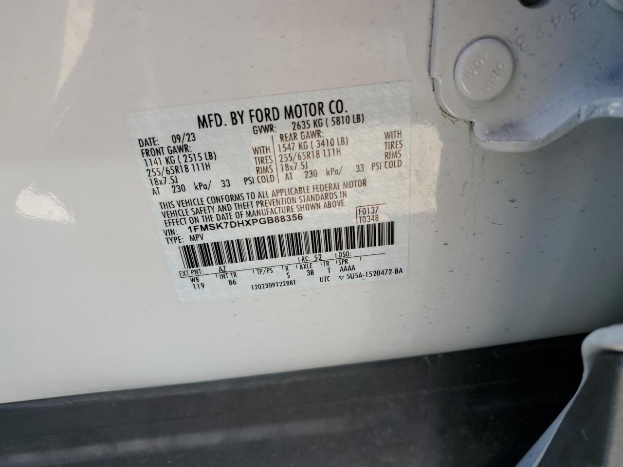 2023 FORD EXPLORER XLT VIN:1FMSK7DHXPGB88356