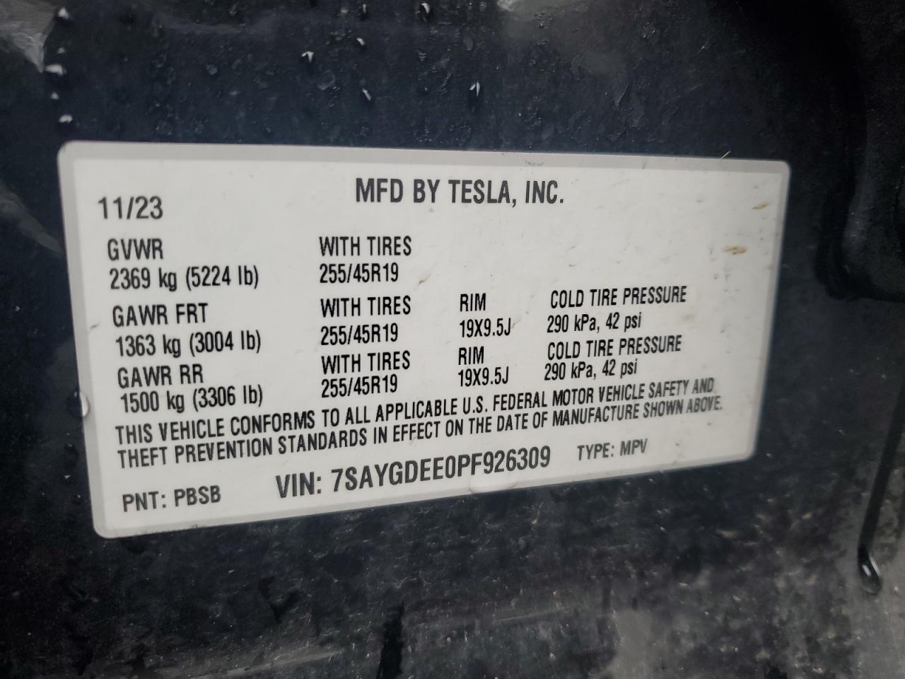 2023 TESLA MODEL Y VIN:7SAYGDEE0PF926309