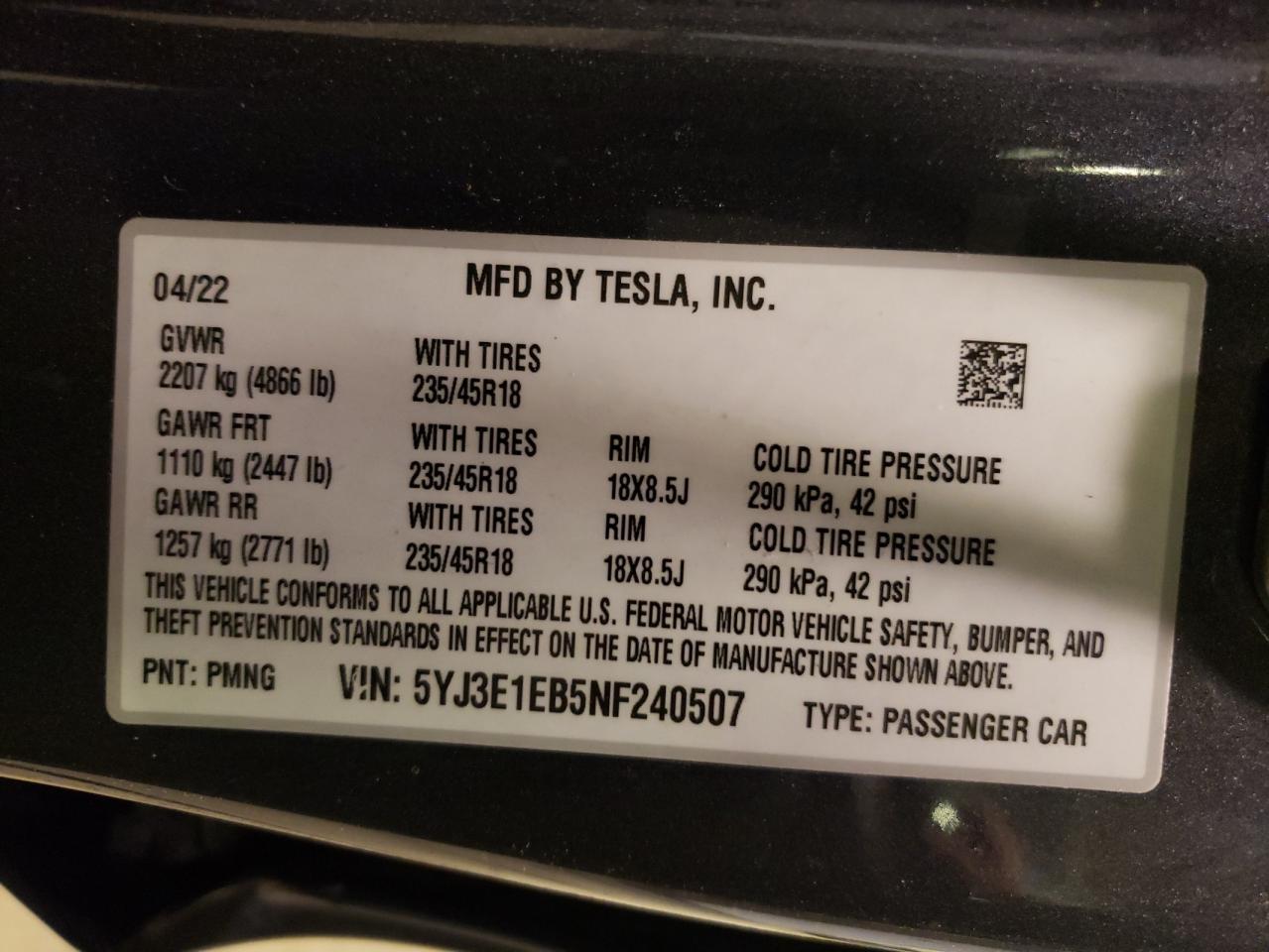2022 TESLA MODEL 3 VIN:5YJ3E1EB5NF240507