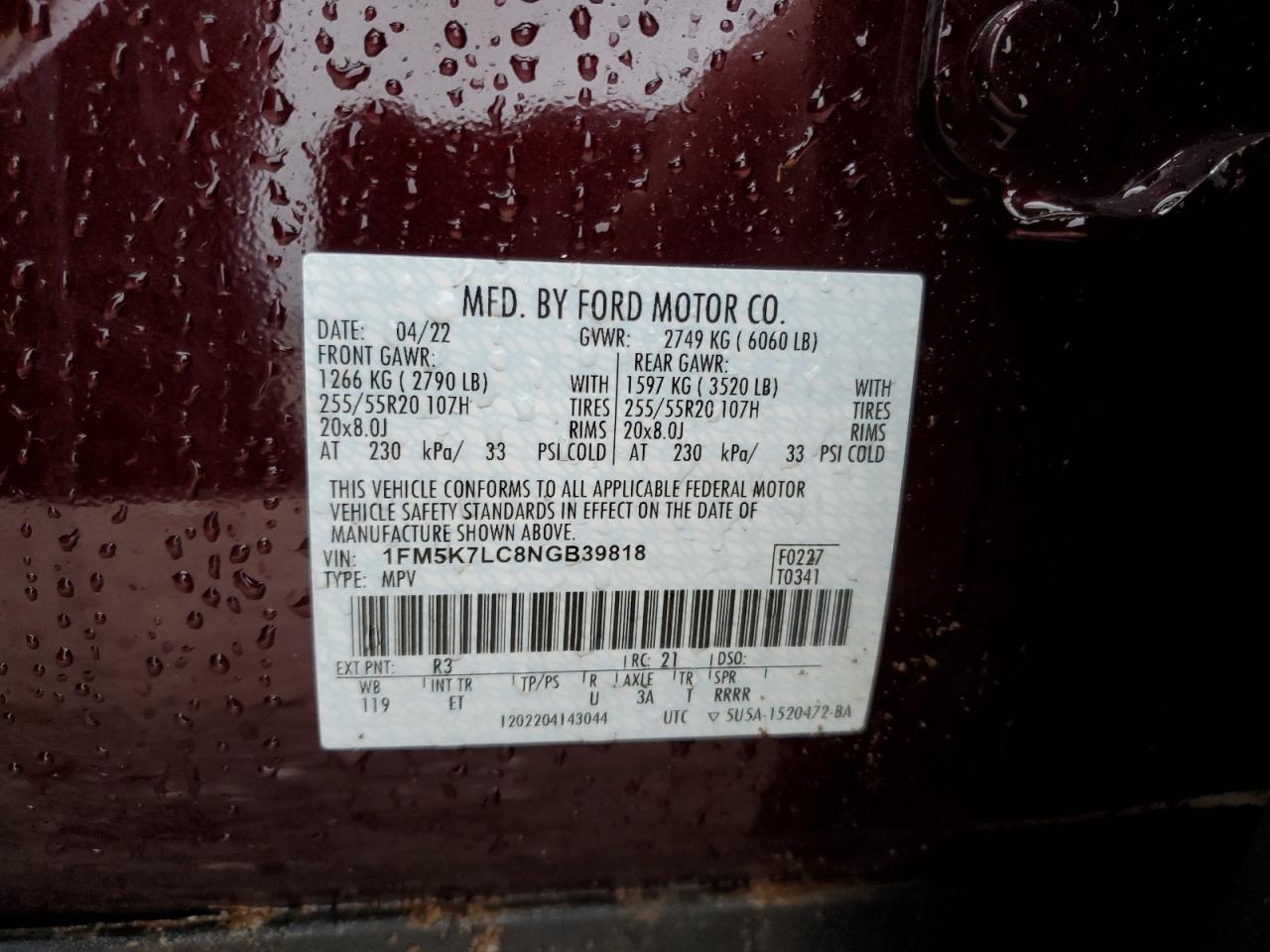2022 FORD EXPLORER KING RANCH VIN:1FM5K7LC8NGB39818
