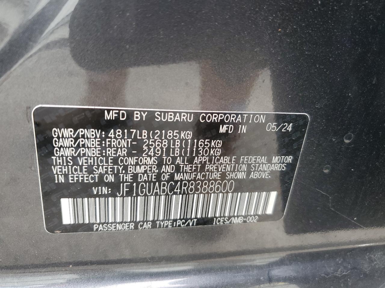 2024 SUBARU IMPREZA VIN:JF1GUABC4R8388600