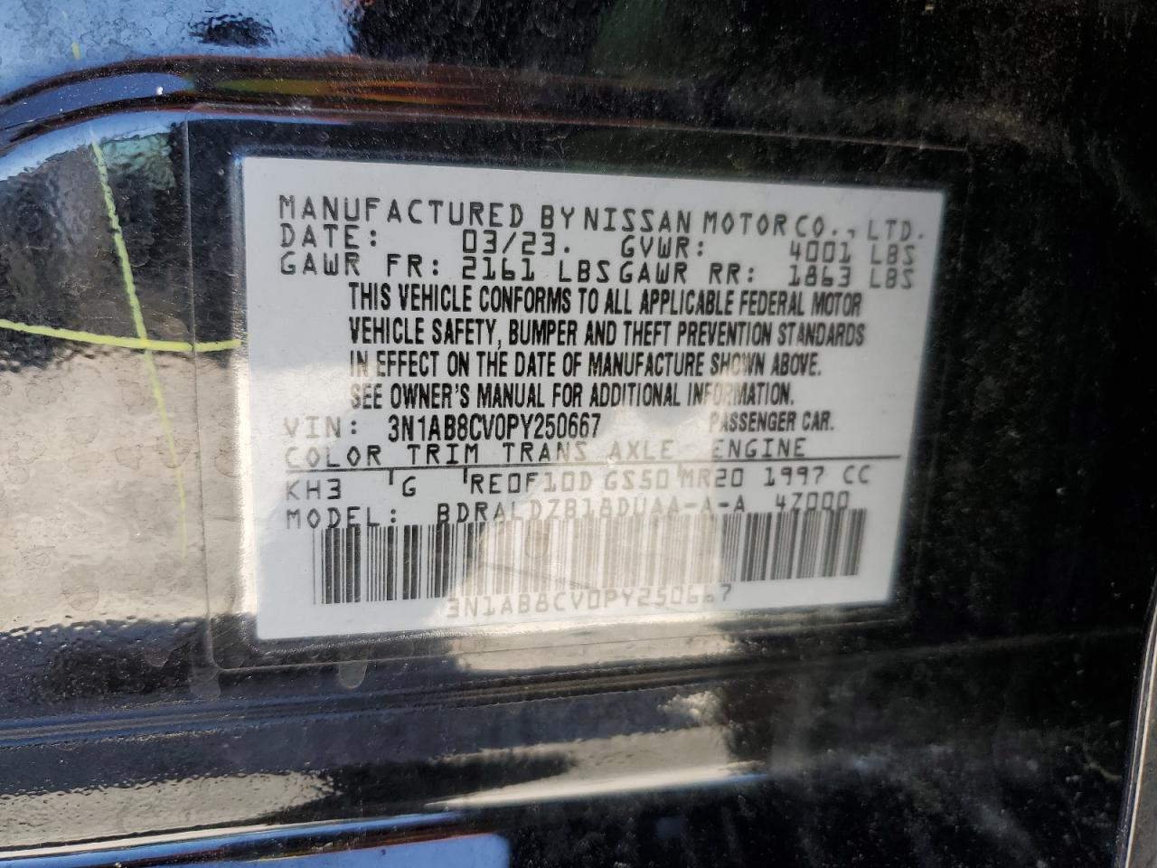 2023 NISSAN SENTRA SV VIN:3N1AB8CV0PY250667