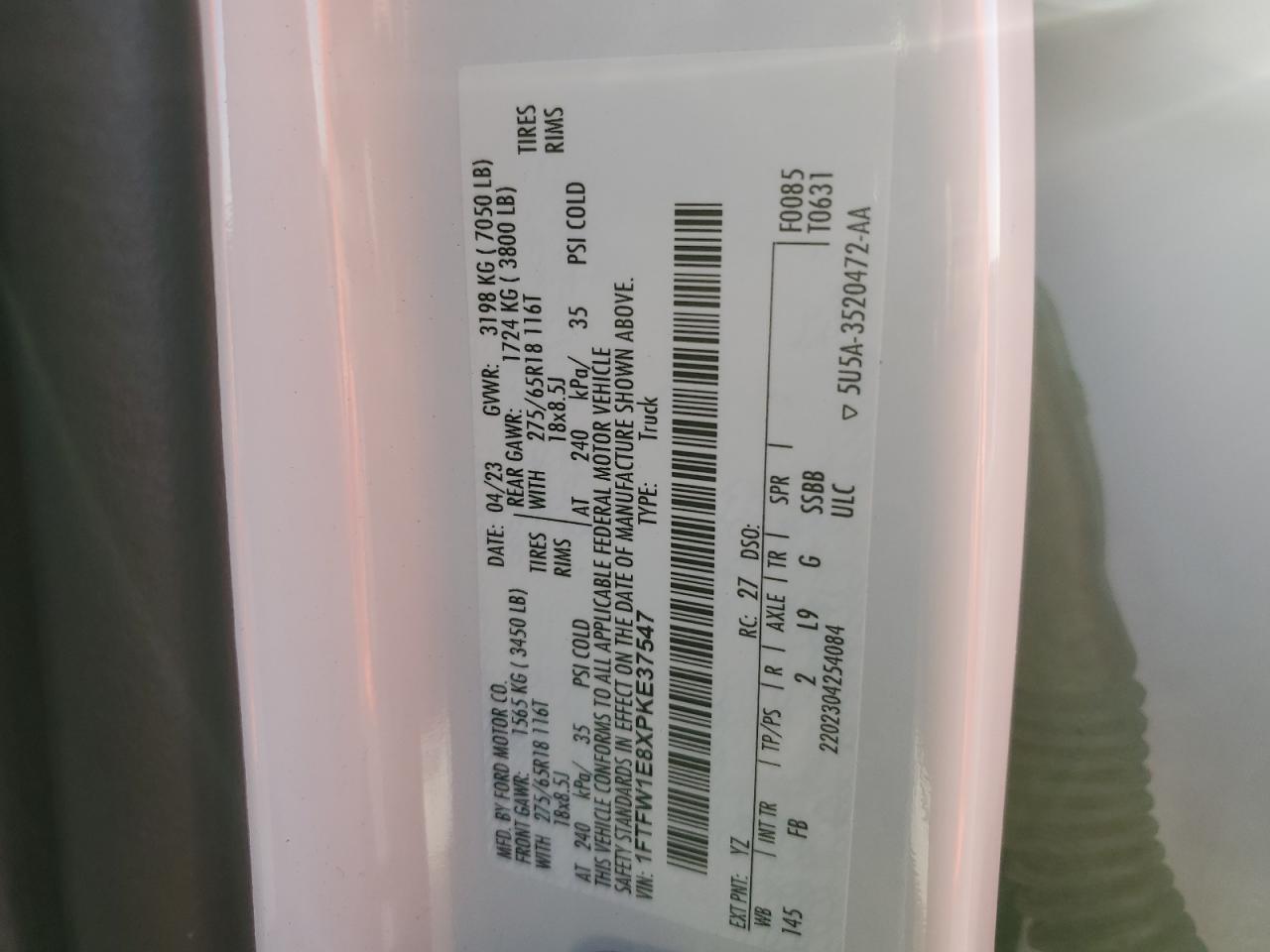 2023 FORD F150 SUPERCREW VIN:1FTFW1E8XPKE37547