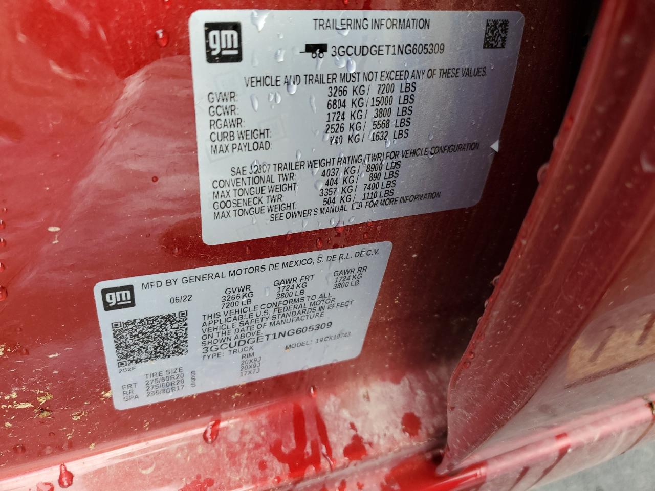 2022 CHEVROLET SILVERADO K1500 LTZ VIN:3GCUDGET1NG605309