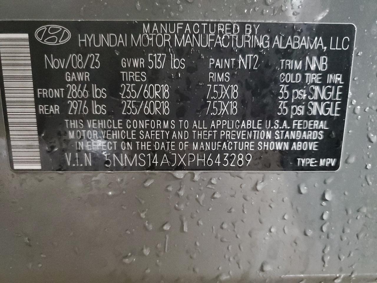 2023 HYUNDAI SANTA FE SE VIN:5NMS14AJXPH643289