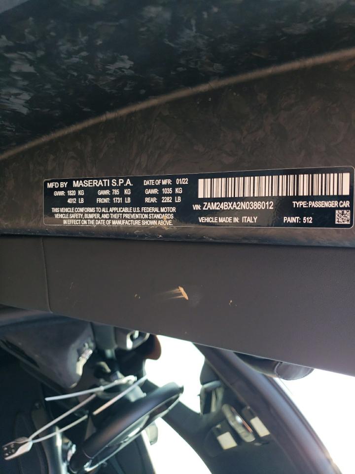 2022 MASERATI MC20 VIN:ZAM24BXA2N0386012