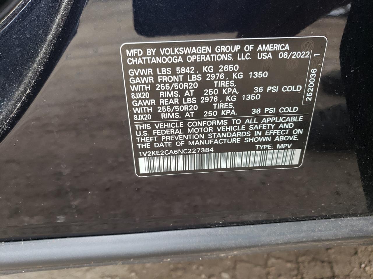 2022 VOLKSWAGEN ATLAS CROSS SPORT SE VIN:1V2KE2CA6NC227384