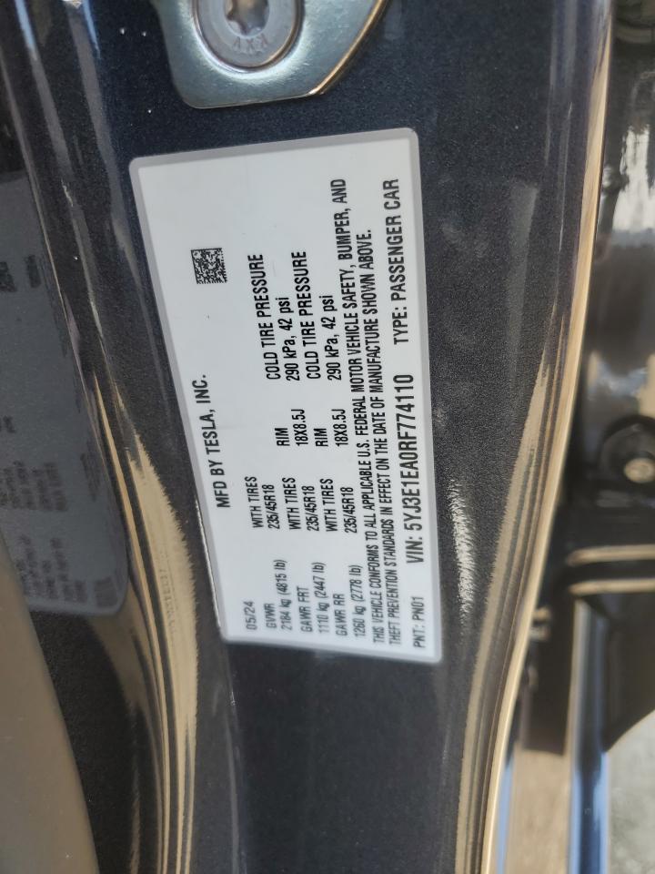 2024 TESLA MODEL 3 VIN:5YJ3E1EA0RF774110