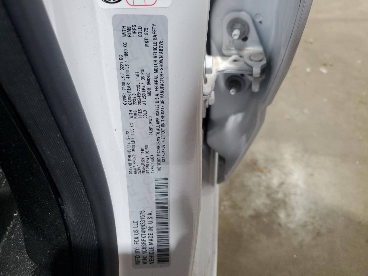 2022 RAM 1500 LONGHORN VIN:1C6SRFKT4NN331576