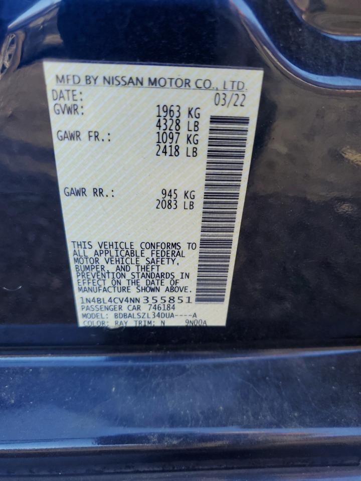 2022 NISSAN ALTIMA SR VIN:1N4BL4CV4NN355851