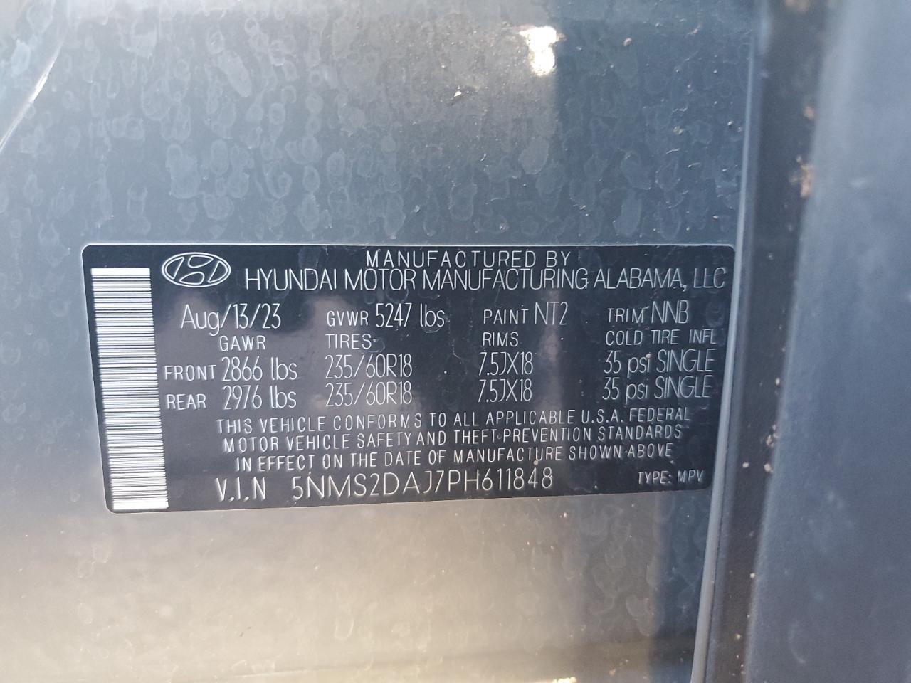 2023 HYUNDAI SANTA FE SEL VIN:5NMS2DAJ7PH611848