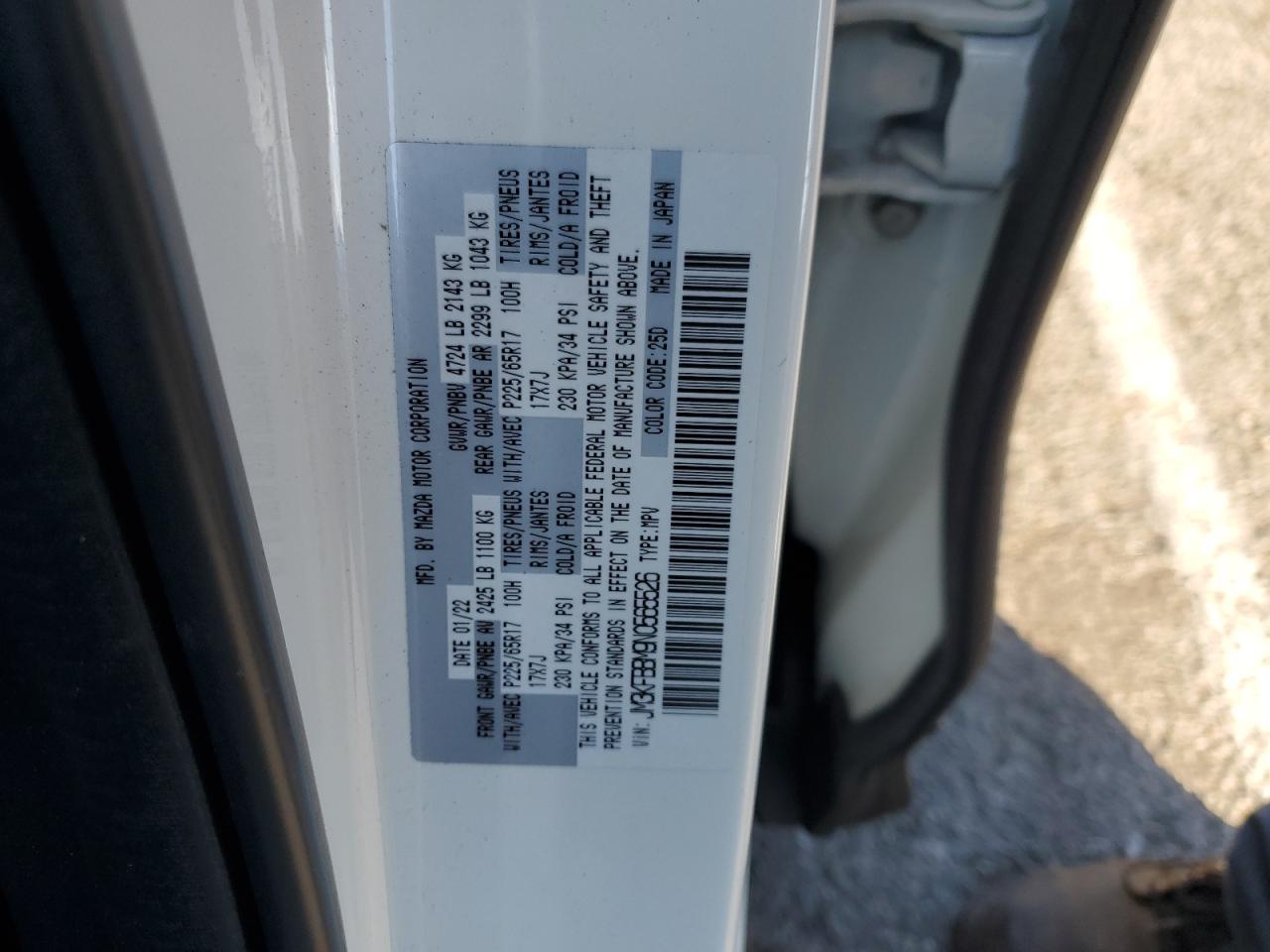 2022 MAZDA CX-5 SELECT VIN:JM3KFBBM9N0565526