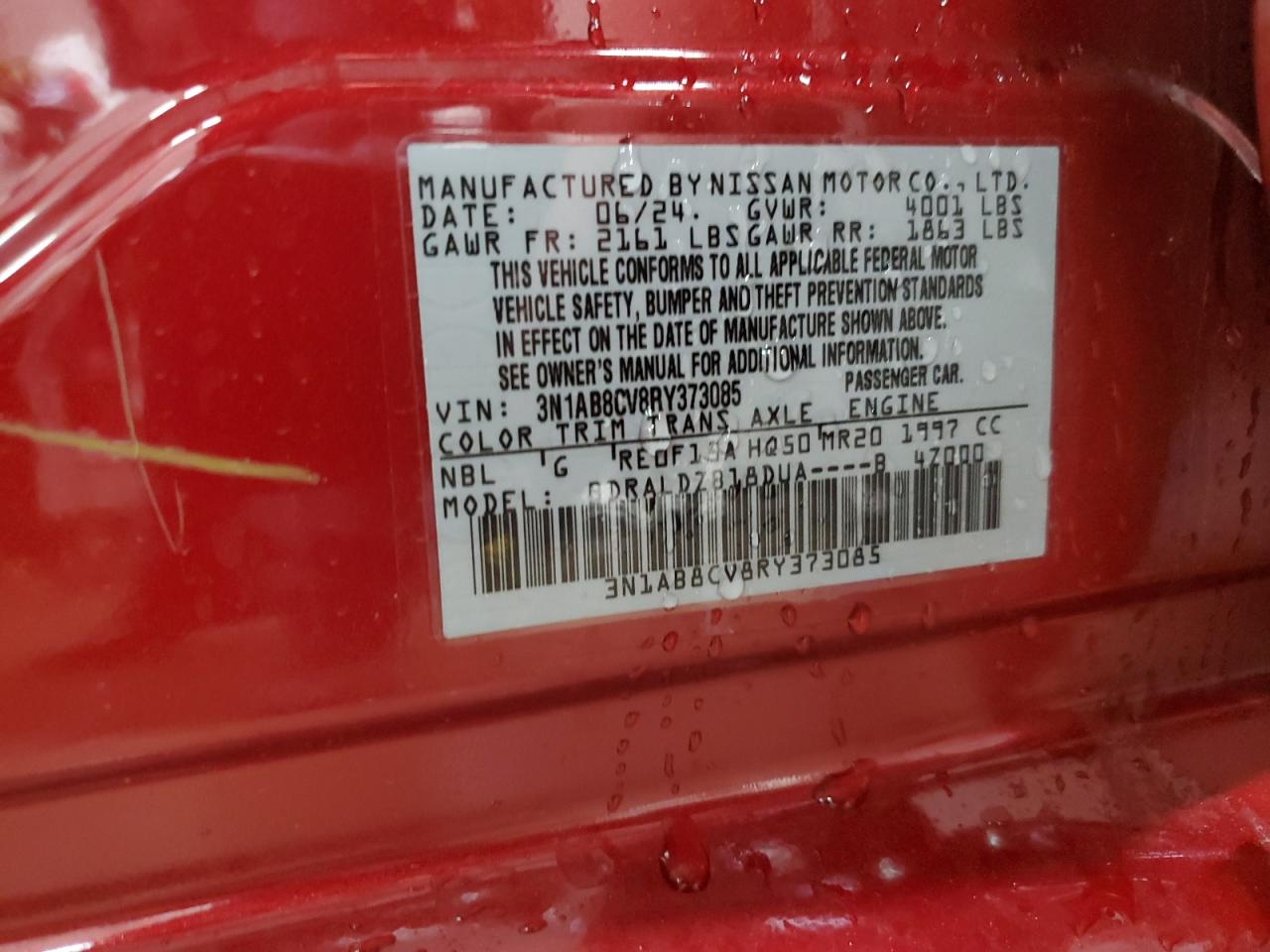 2024 NISSAN SENTRA SV VIN:3N1AB8CV8RY373085