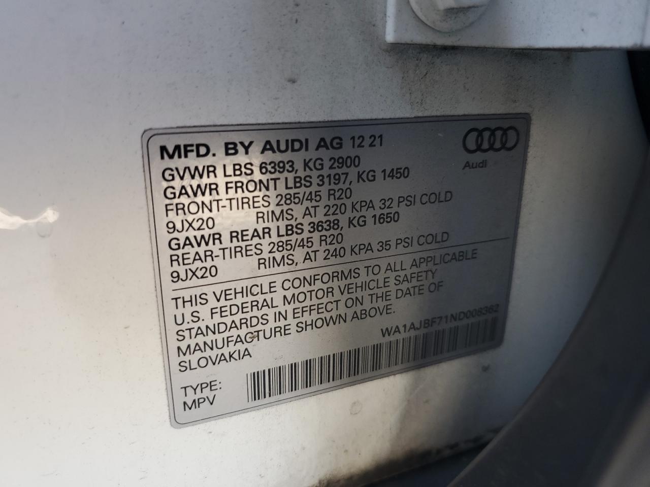 2022 AUDI Q7 PREMIUM VIN:WP0AA2A8XNS255297