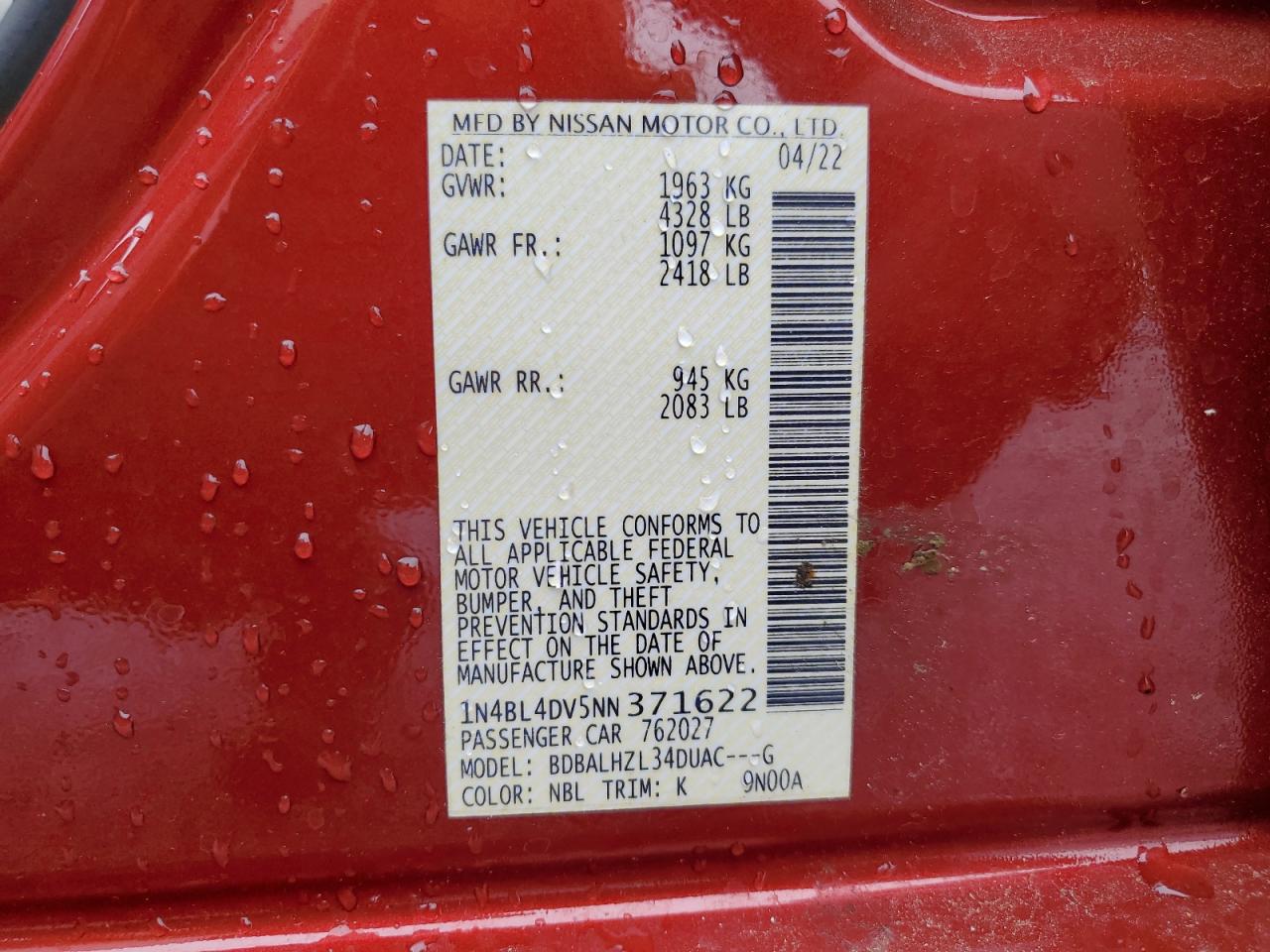 2022 NISSAN ALTIMA SV VIN:1N4BL4DV5NN371622