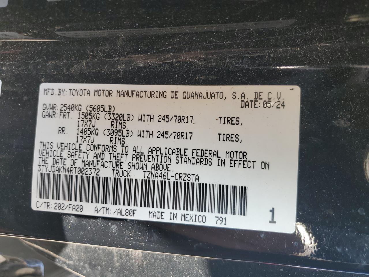 2024 TOYOTA TACOMA XTRACAB VIN:3TYJDAKN4RT002372