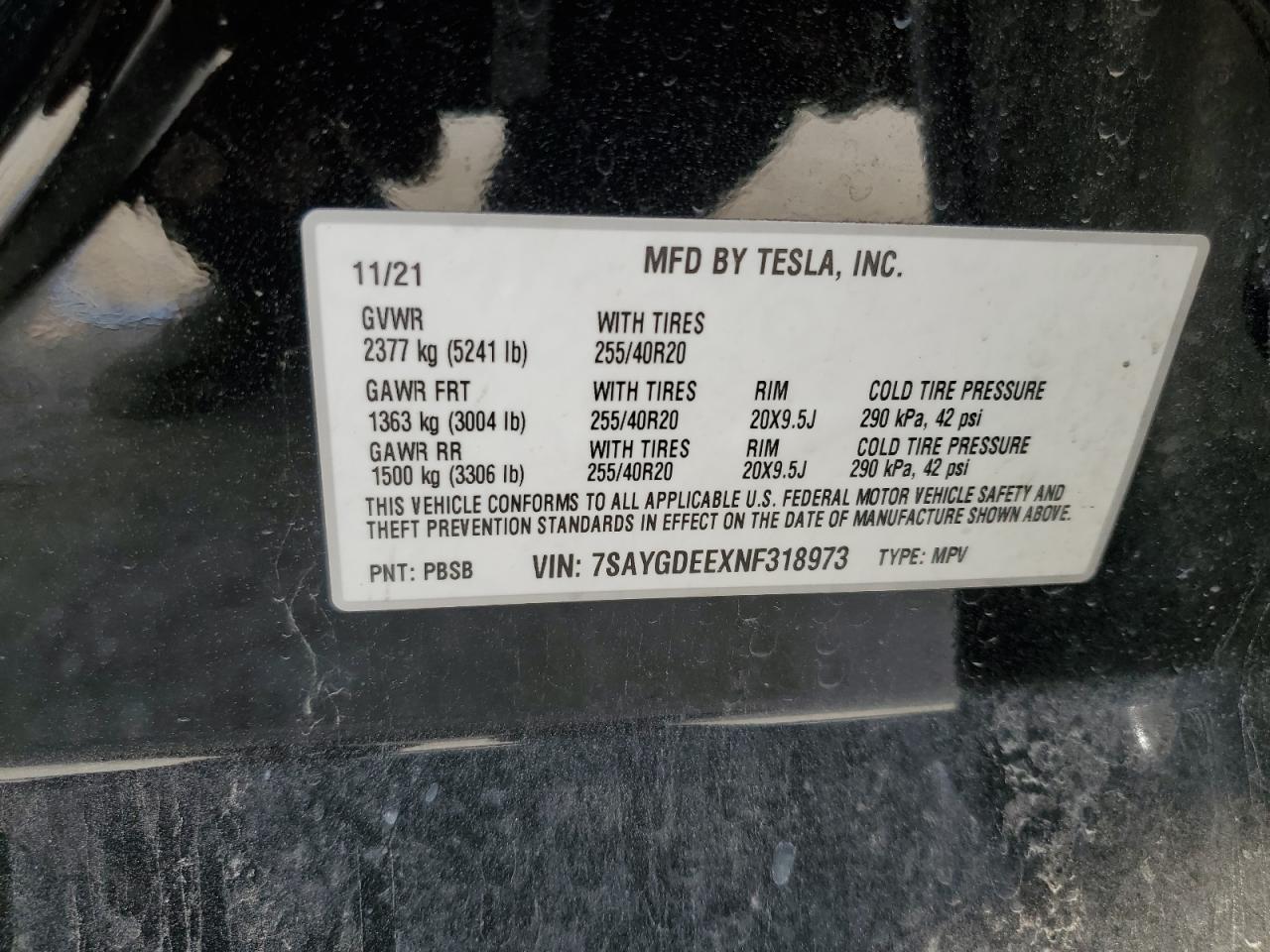2022 TESLA MODEL Y VIN:7SAYGDEEXNF318973